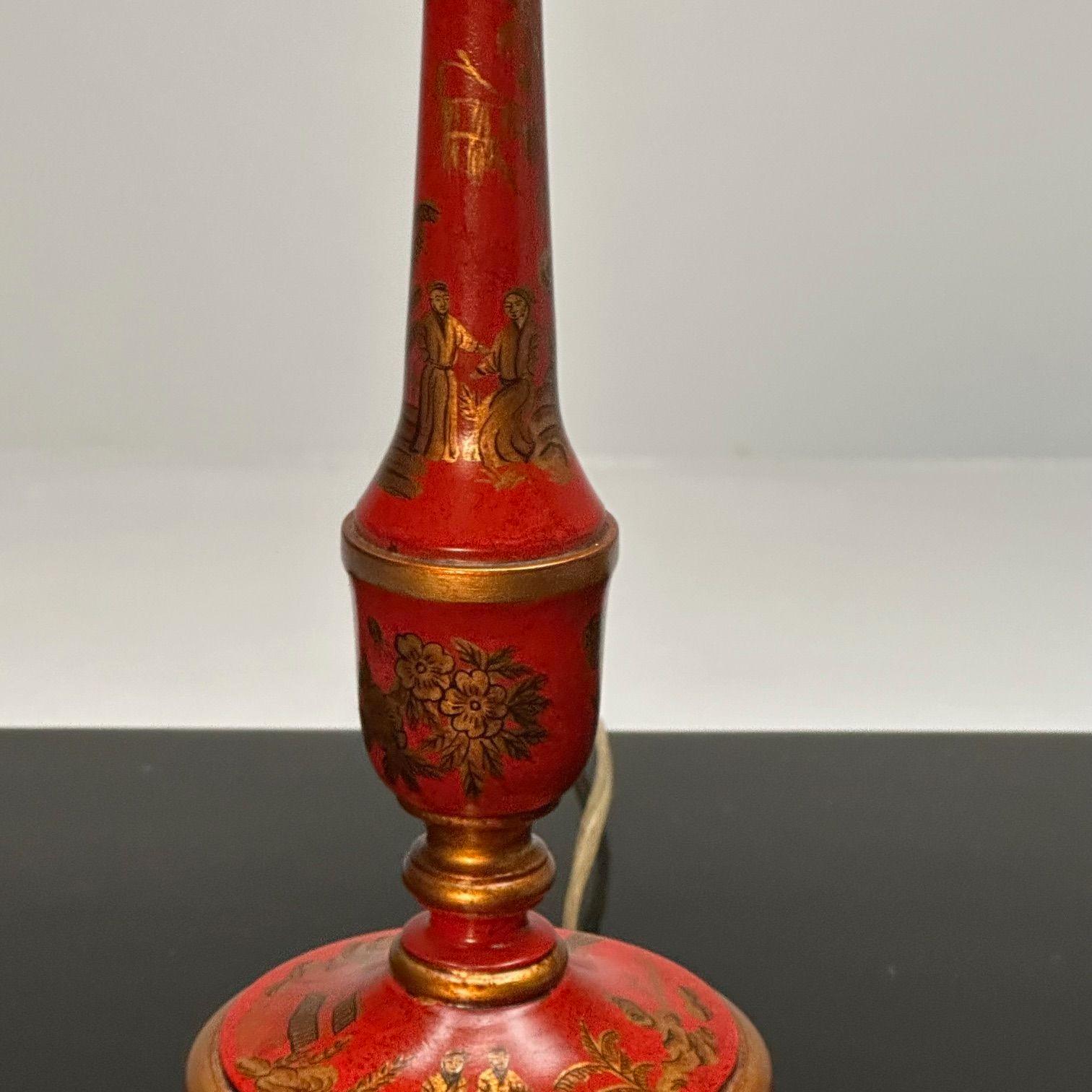 Chinoiserie, Table, Desk Lamps, Red Jappanned Wood, Giltwood, 1940s For Sale 4