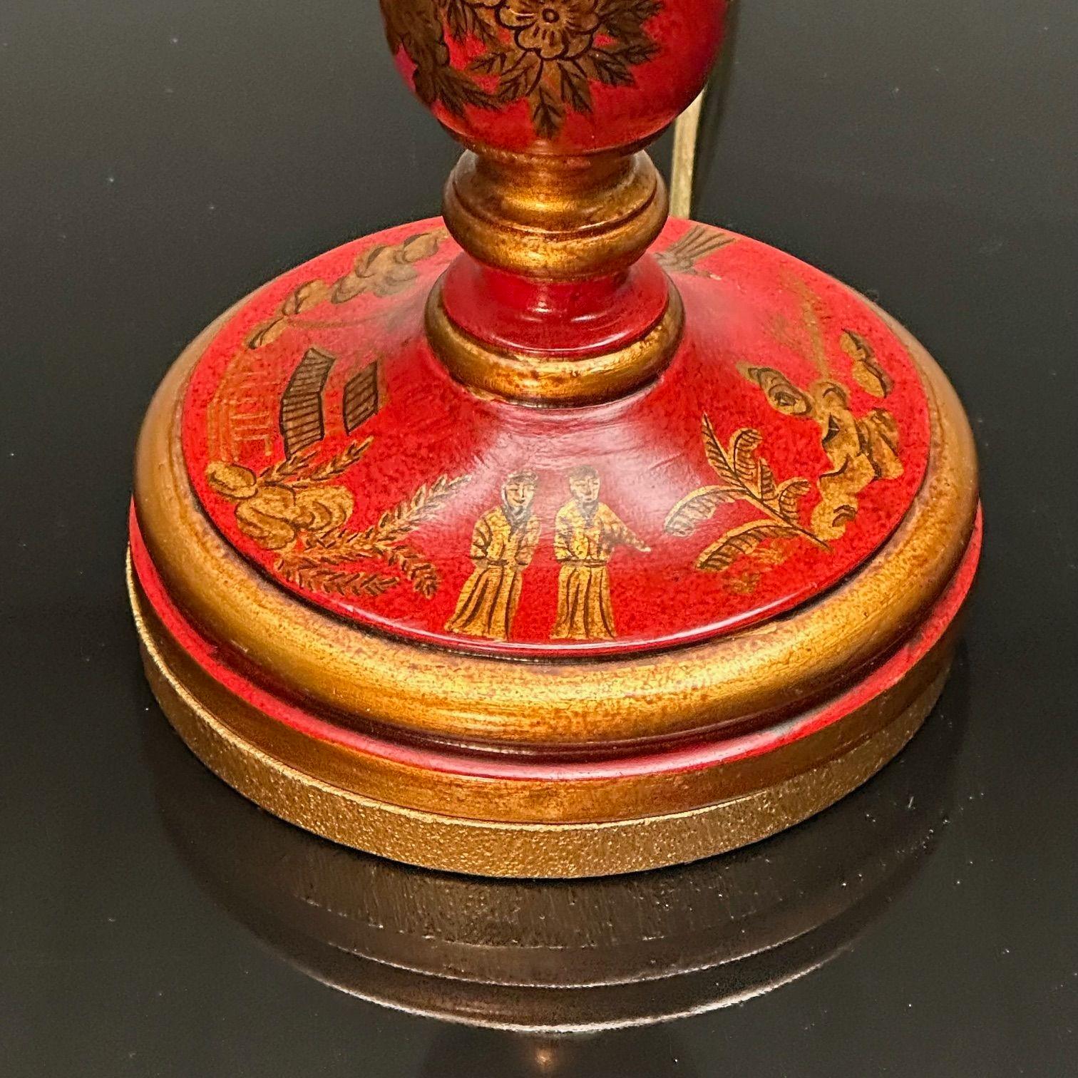 Chinoiserie, Table, Desk Lamps, Red Jappanned Wood, Giltwood, 1940s For Sale 5