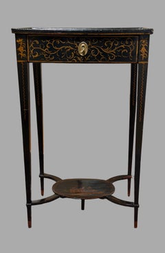 Black and Gold Lacquer Chinoiserie Decorated Table with Fitted Interior Drawer