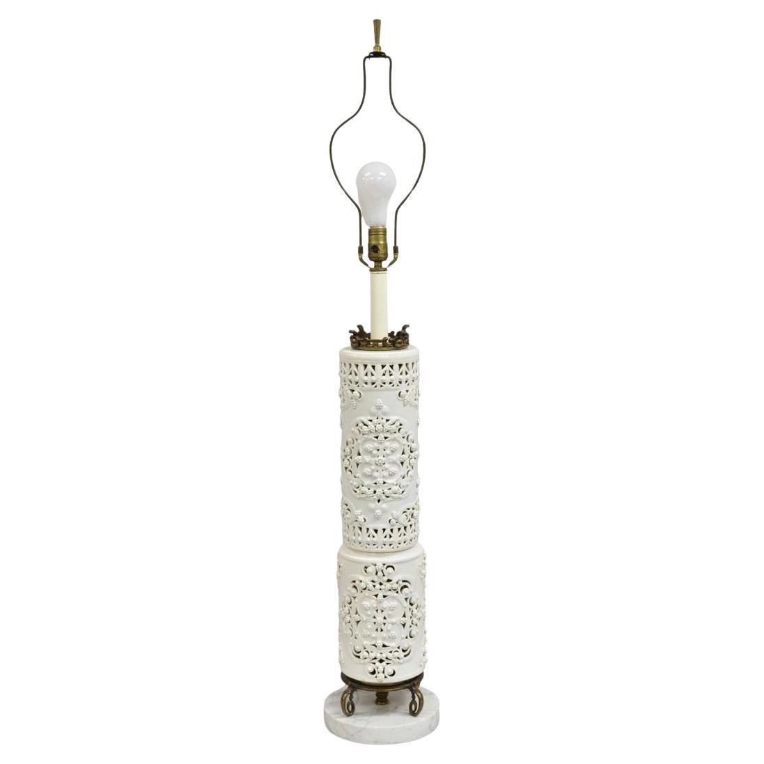 Chinoiserie Tall Blanc De Chine White Porcelain Fretwork Pillar Table Lamp