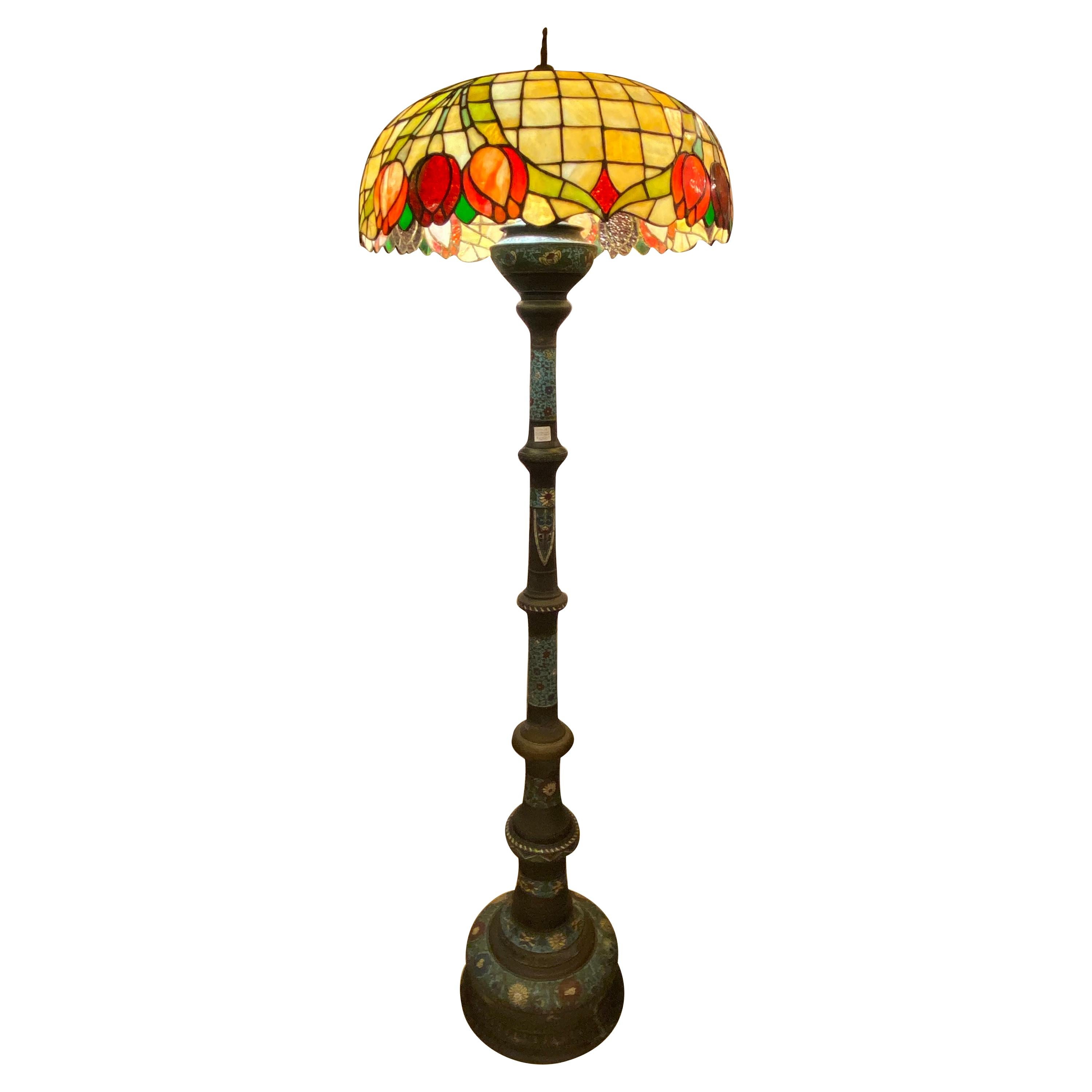 Chinoiserie Tall or Floor Lamp with Tiffany Style Stained Glass Shade
