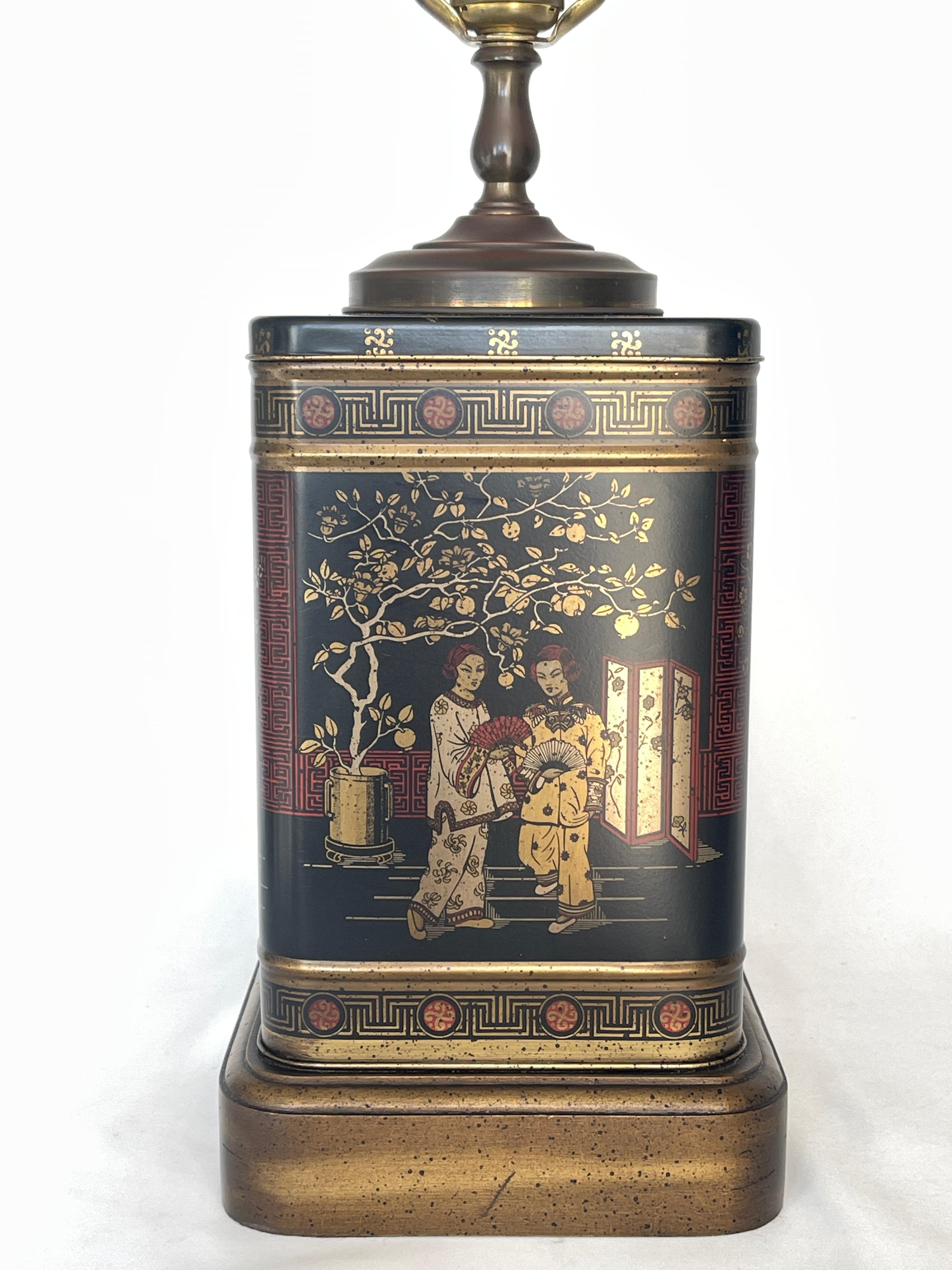 Brass Vintage 1960's Chinoiserie Metal Tea Canister Lamp