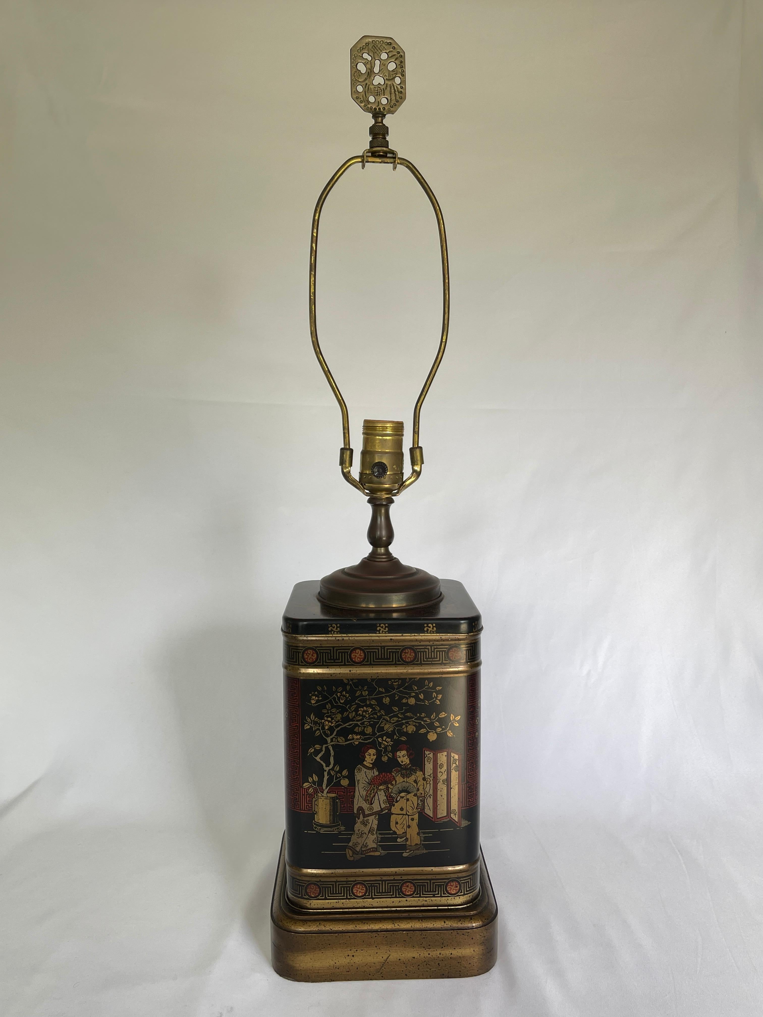 Vintage 1960's Chinoiserie Metal Tea Canister Lamp 1