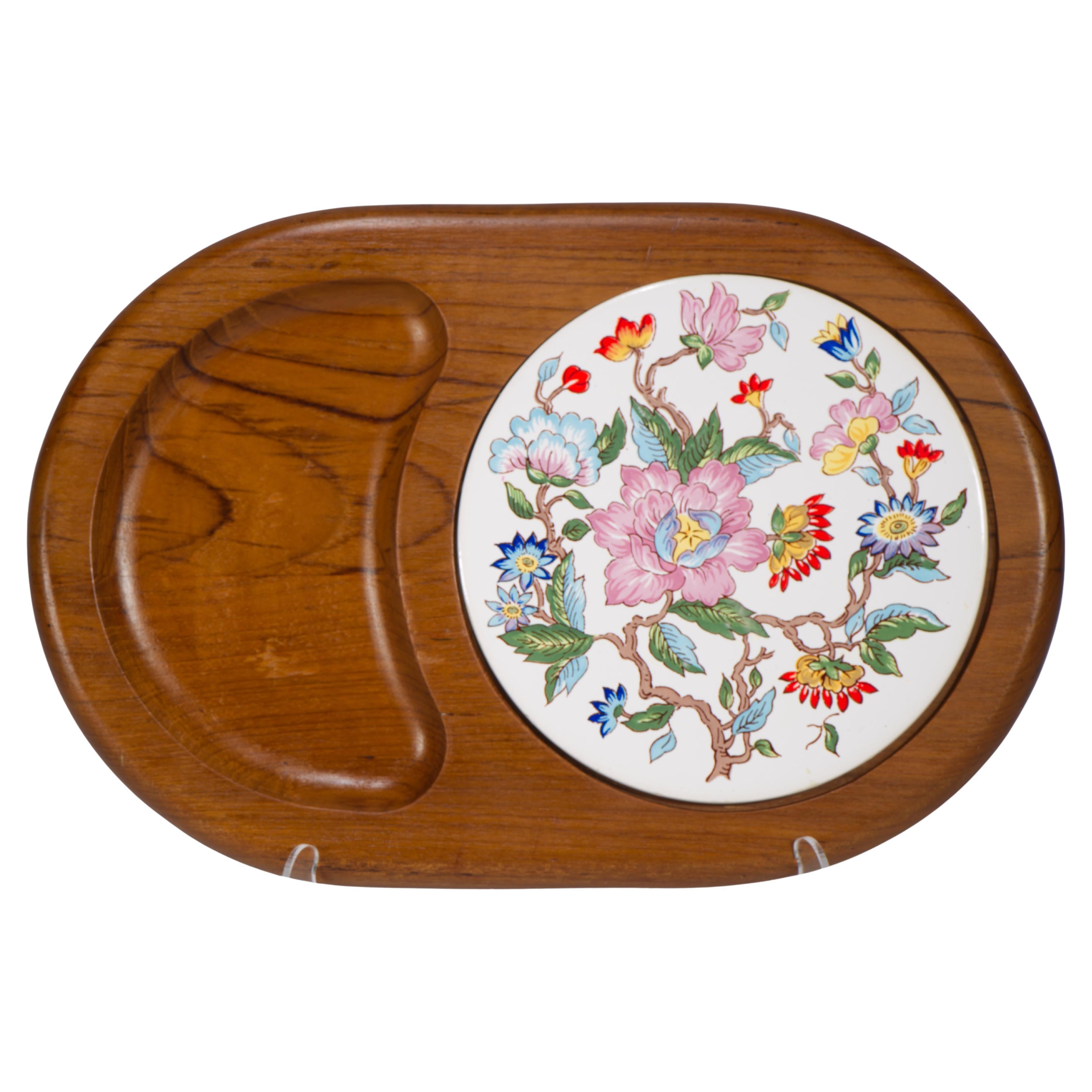 Chinoiserie Teak and Porcelain Serving Tray Floral Decor, 1970s