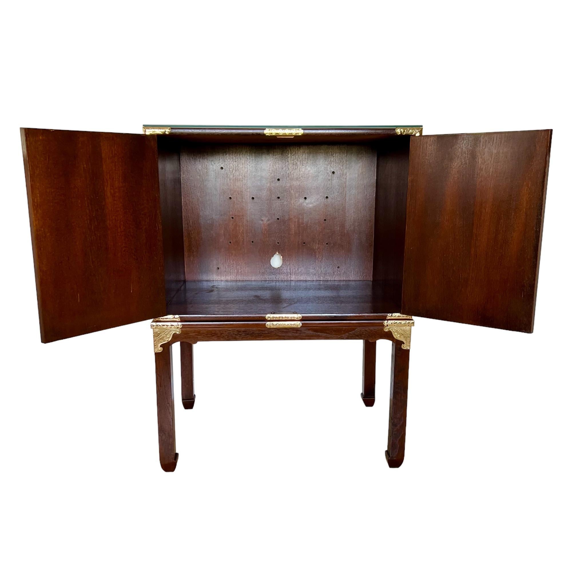 Chinoiserie Teak & Burl Brass Mounted Cabinet on Stand, 1970s For Sale 5