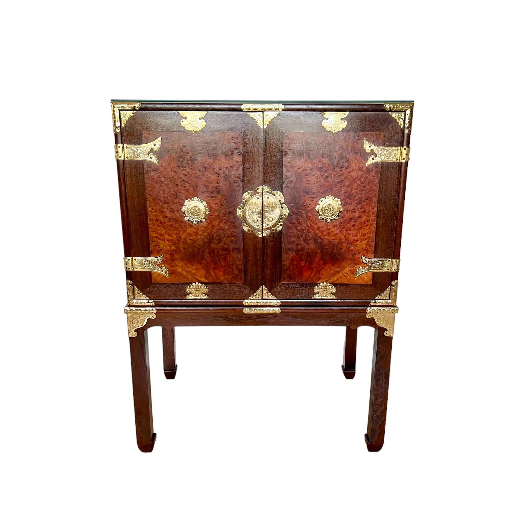 Chinese Chinoiserie Teak & Burl Brass Mounted Cabinet on Stand, 1970s For Sale