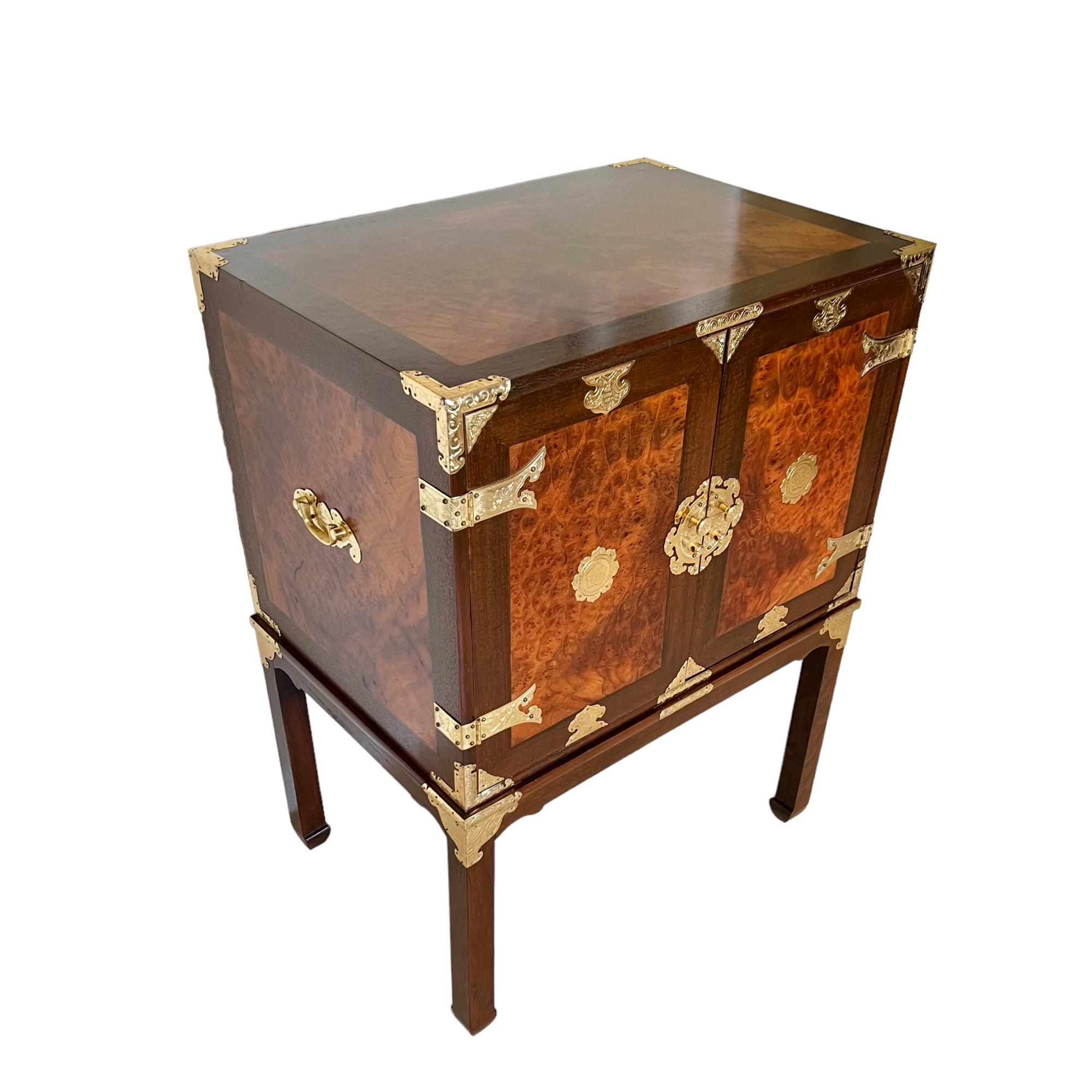 Etched Chinoiserie Teak & Burl Brass Mounted Cabinet on Stand, 1970s For Sale