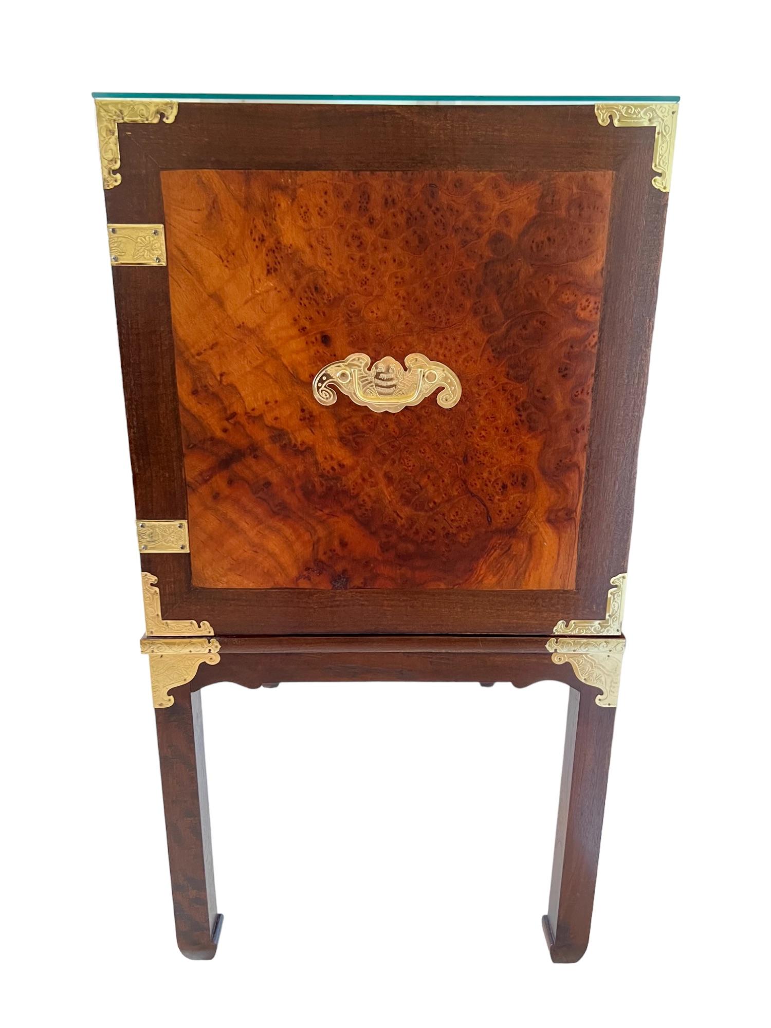 Chinoiserie Teak & Burl Brass Mounted Cabinet on Stand, 1970s In Good Condition For Sale In Harlingen, TX