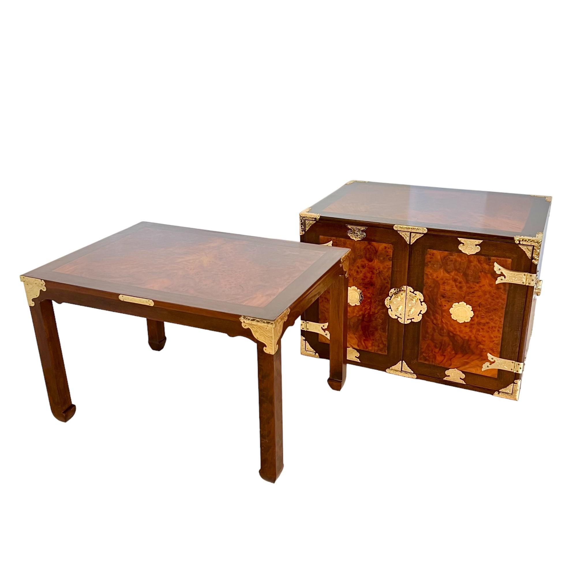 Late 20th Century Chinoiserie Teak & Burl Brass Mounted Cabinet on Stand, 1970s For Sale