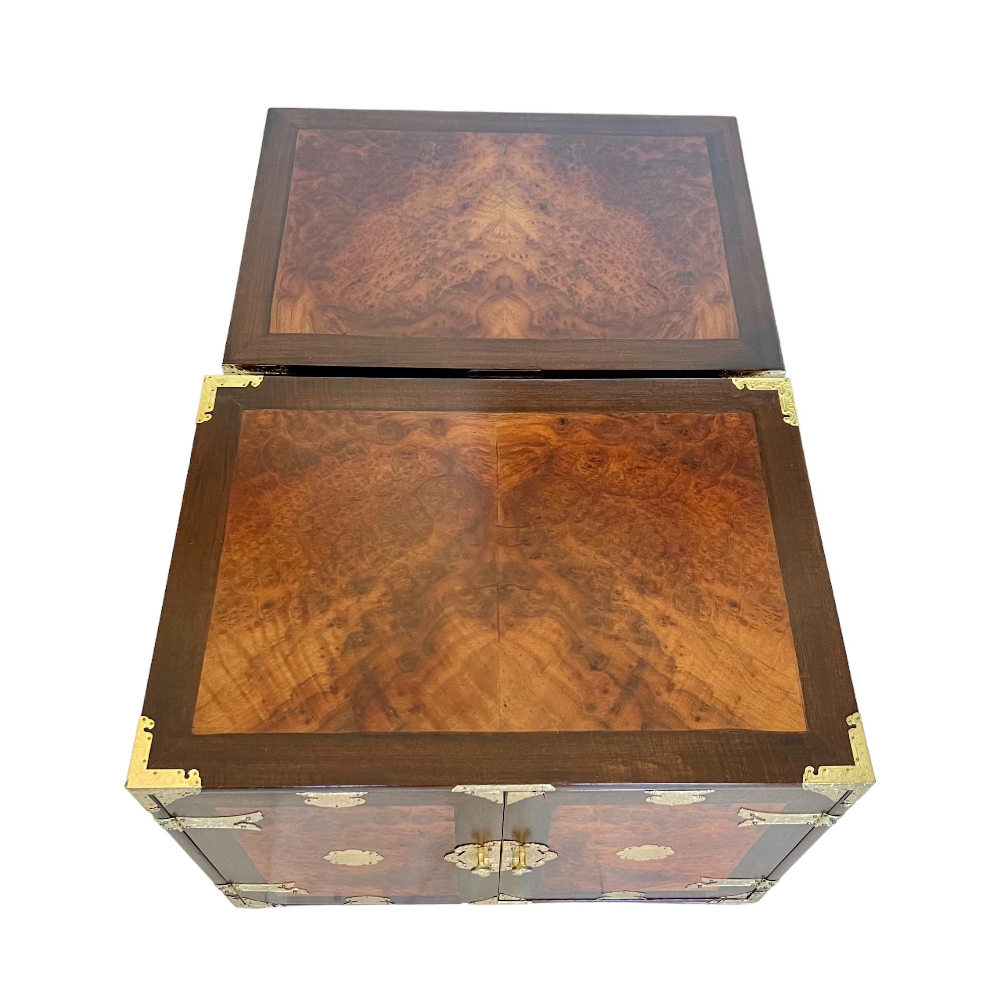 Chinoiserie Teak & Burl Brass Mounted Cabinet on Stand, 1970s For Sale 1