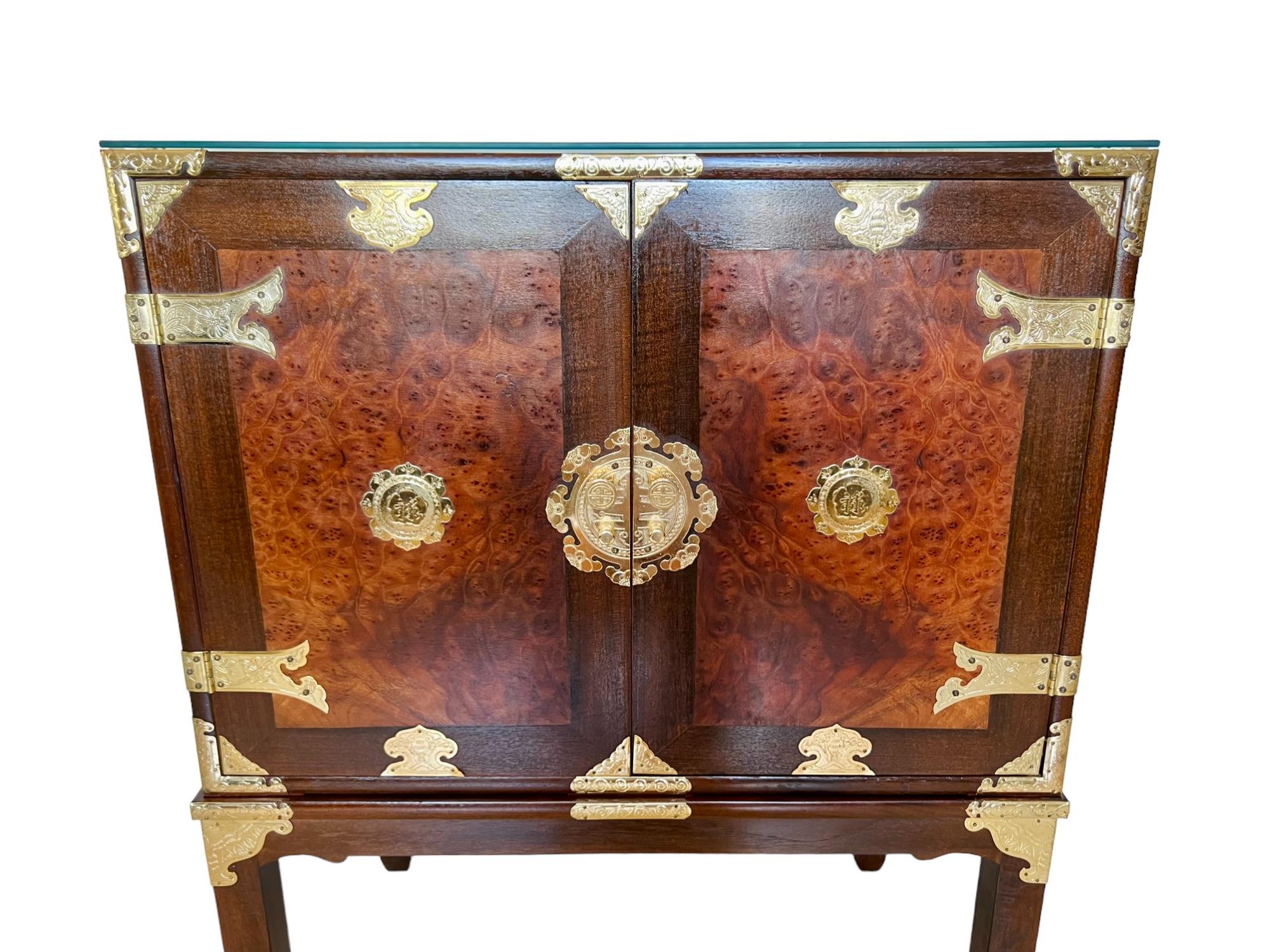 Chinoiserie Teak & Burl Brass Mounted Cabinet on Stand, 1970s For Sale 2