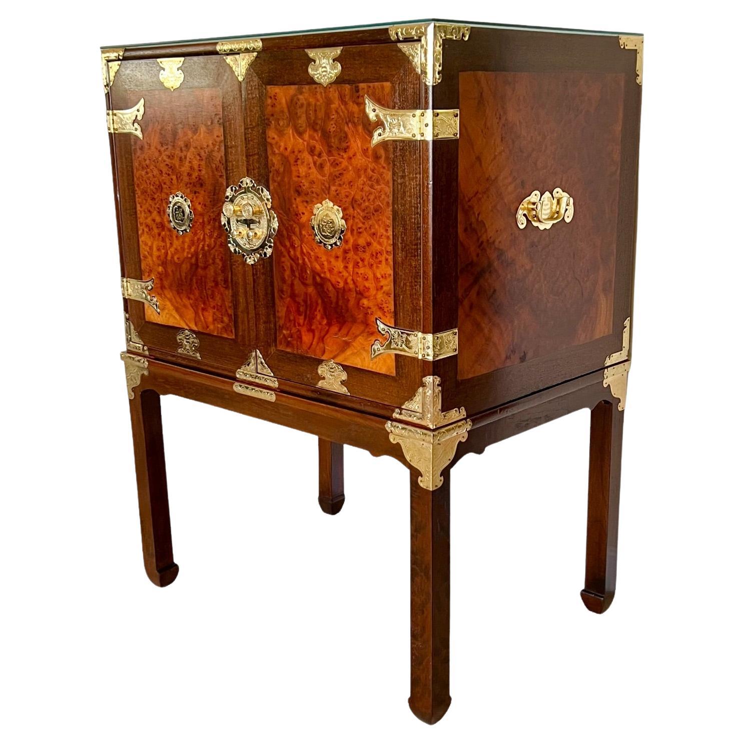 Chinoiserie Teak & Burl Brass Mounted Cabinet on Stand, 1970s For Sale