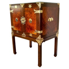 Chinoiserie Teak & Burl Brass Mounted Cabinet on Stand, 1970s
