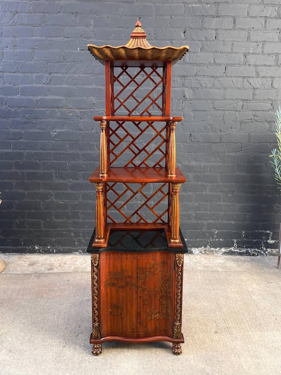 Mid-Century Modern Chinoiserie-Themed, Painted & Parcel-Gilt Etagere Shelf by Maitland Smith For Sale
