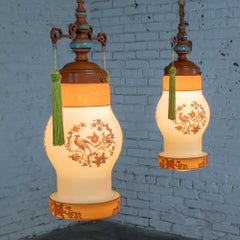 Chinoiserie to Art Deco to Art Nouveau Pendant Lights Hand Painted Avian a Pair