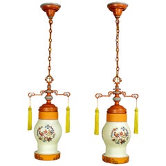Chinoiserie to Art Deco to Art Nouveau Pendant Lights Hand Painted Avian a Pair
