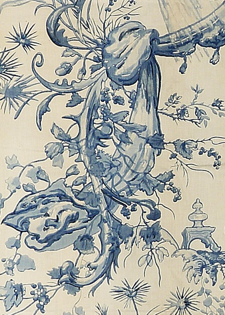 Chinoiserie Toile Hangings Curtains French Blue & White Rococo For Sale 2