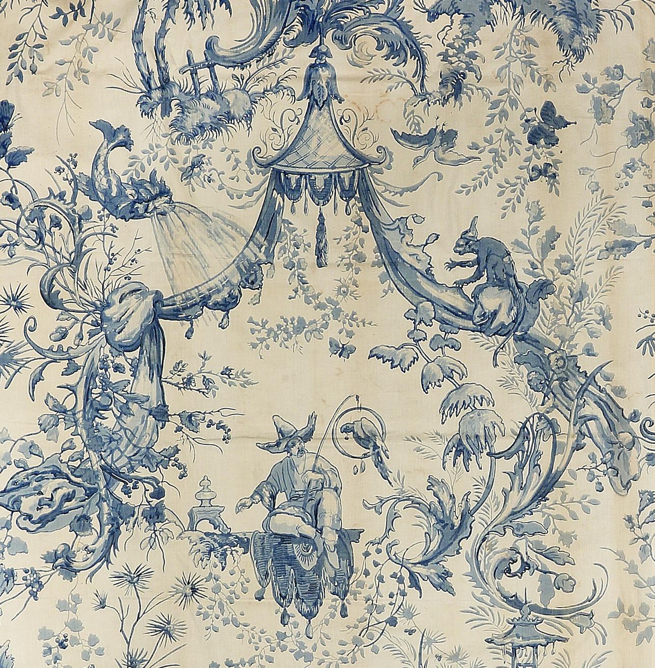- Exceptionally rare pair of large, Rococo Chinoiserie blue & white cotton bed curtains. Measures: 4ftwide 7ft9