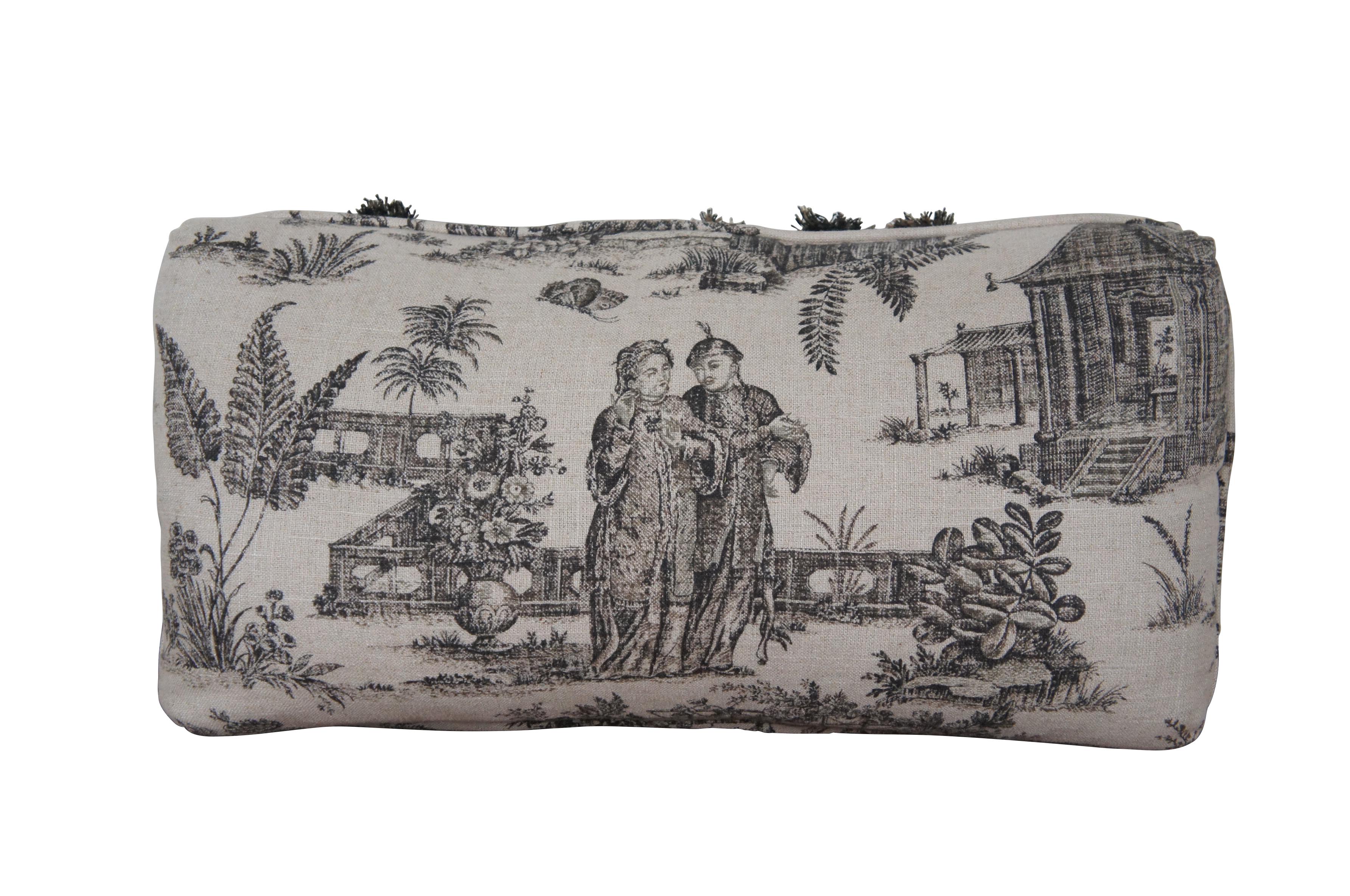 Chinoiserie Toile Style Down Filled Pagoda Garden Linen Lumbar Throw Pillow  22