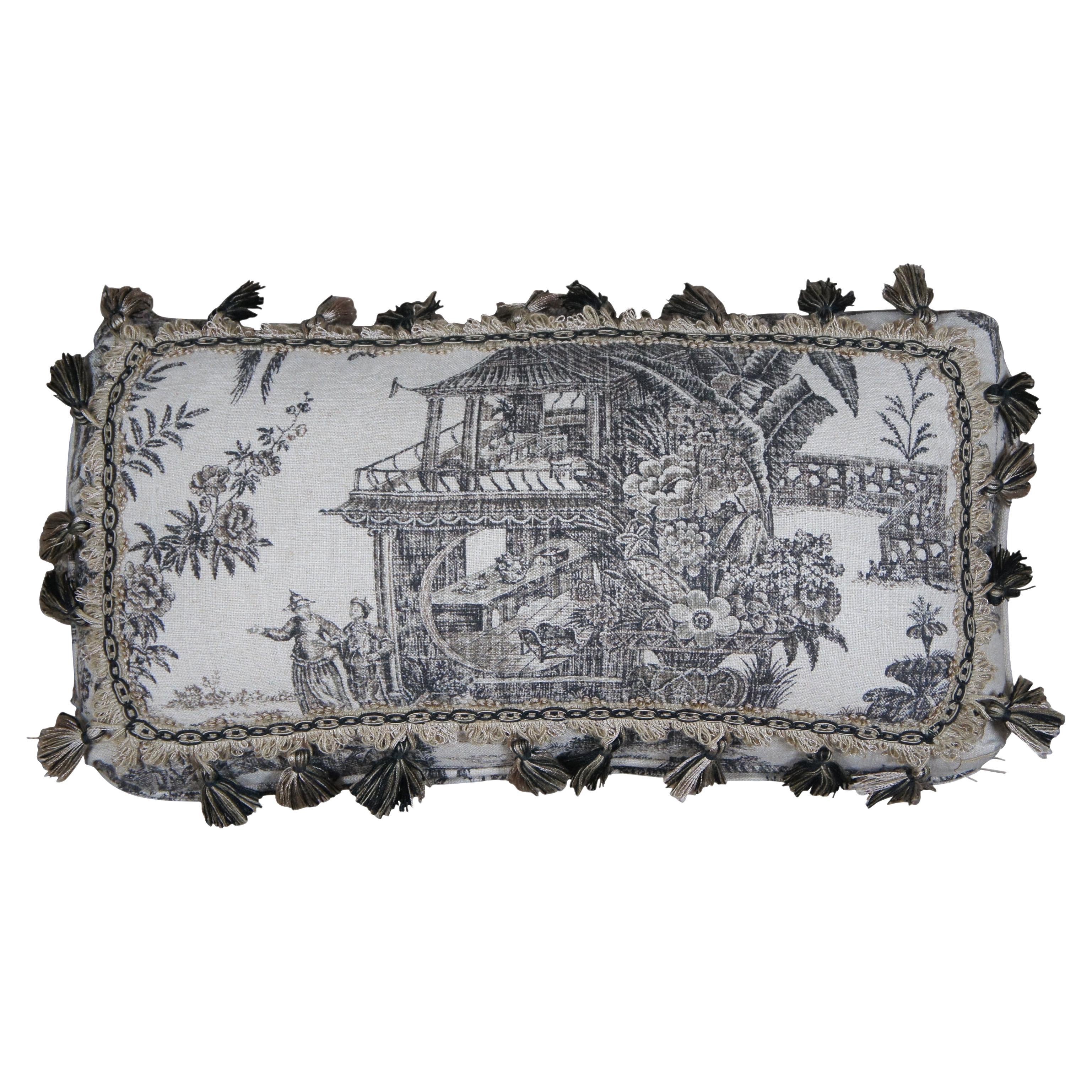 Chinoiserie Toile Style Down Filled Pagoda Garden Linen Lumbar Throw Pillow  22"