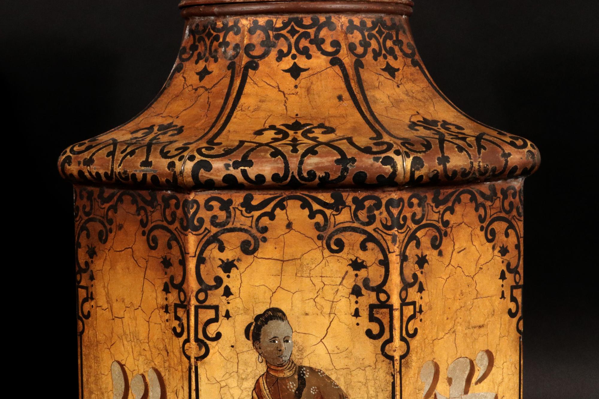 Barattoli da tè grandi con figure cinesi Chinoiserie Tôle in vendita 6