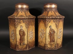 Chinoiserie Tôle Large Tea Canisters with Chinese Figures