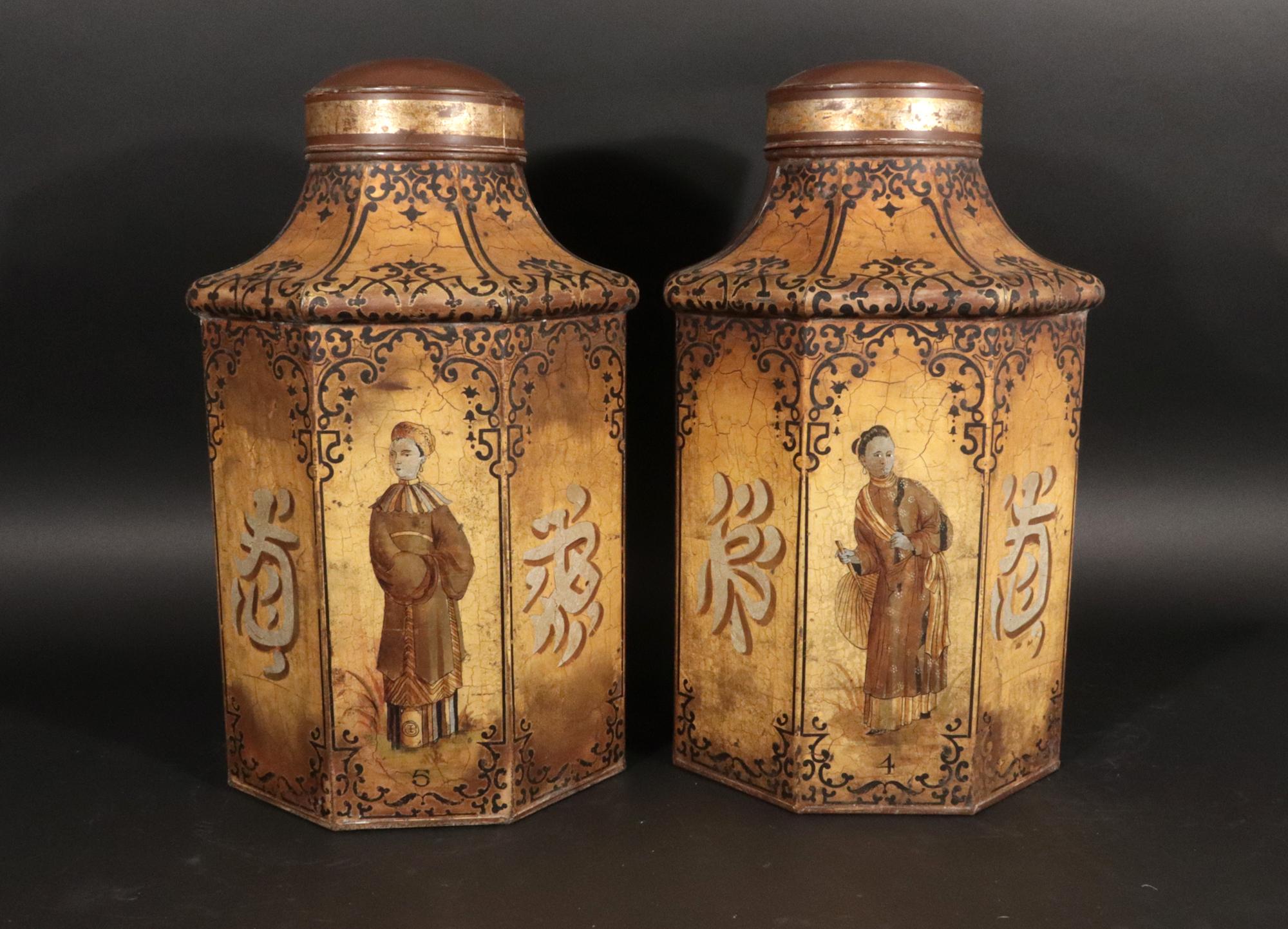 Cineserie Barattoli da tè grandi con figure cinesi Chinoiserie Tôle in vendita