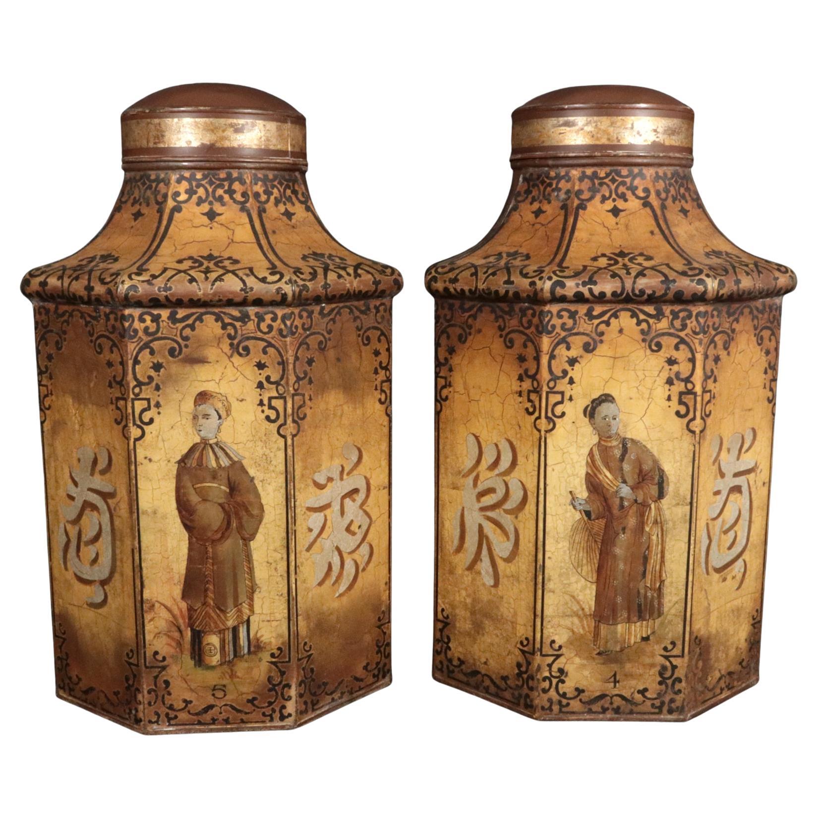 Chinoiserie Tôle Large Tea Canisters with Chinese Figures
