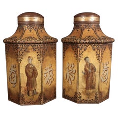 Chinoiserie Tôle Large Tea Canisters with Chinese Figures