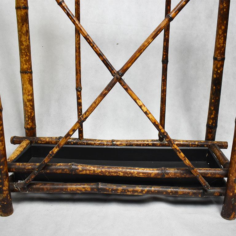 Victorian Chinoiserie Tortoise or Burnt Bamboo Hall Tree with Mirror and Hooks