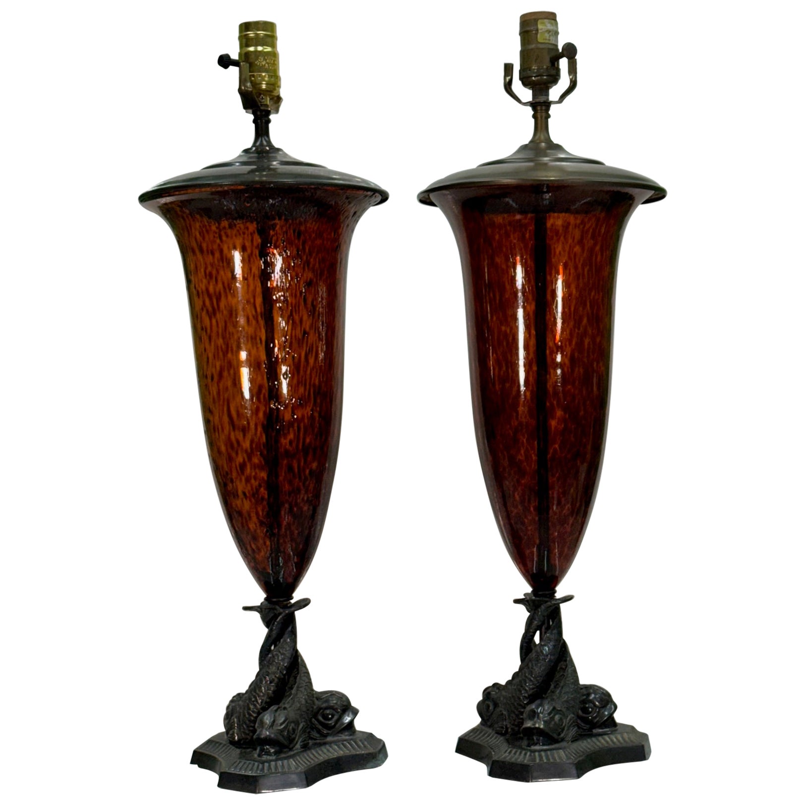 Chinoiserie Tortoise Shell Glass Koi Fish Table Lamps