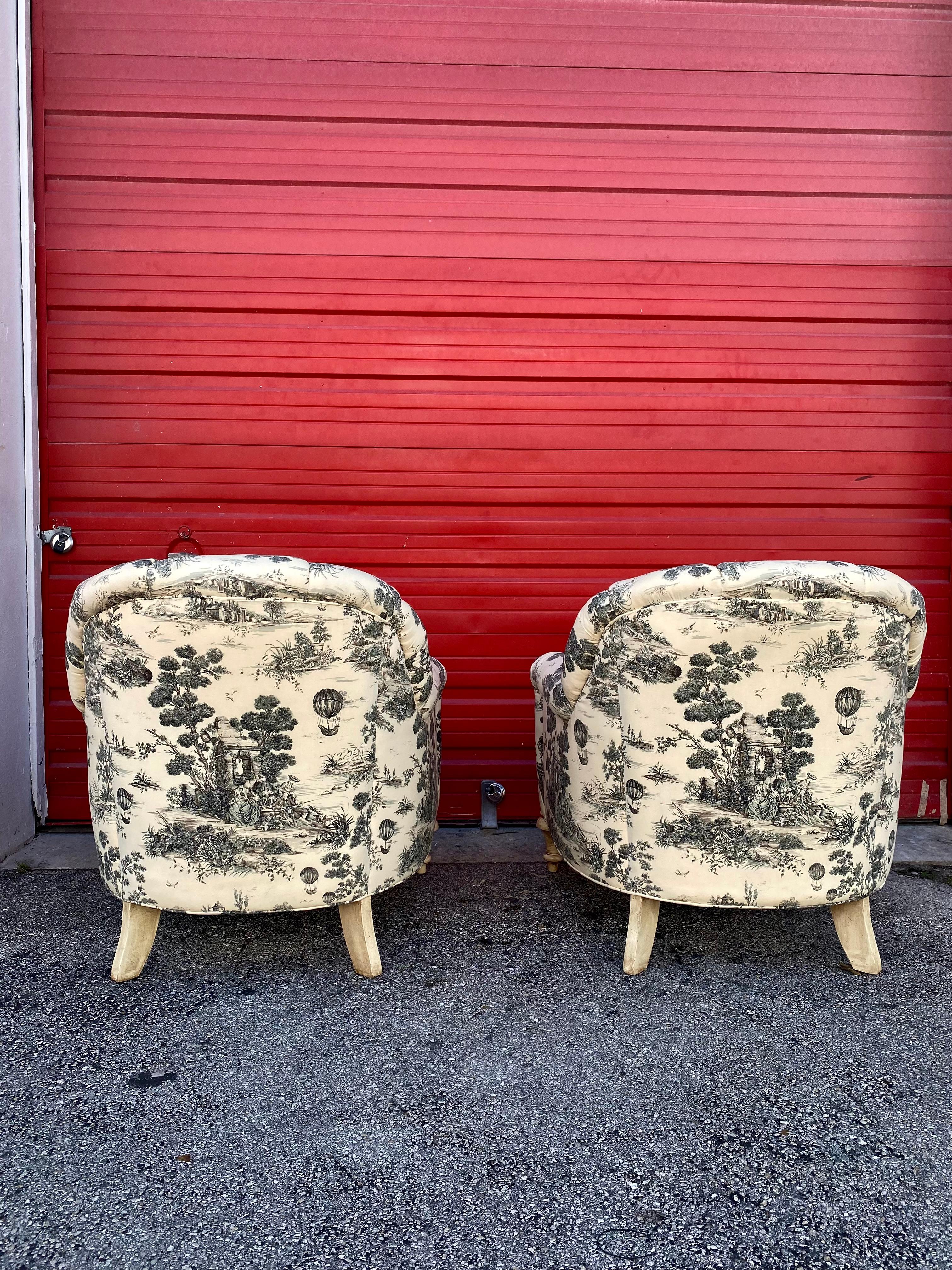 American C.R. Laine Chinoiserie Tufted English Arm Chairs, Set of 2 For Sale