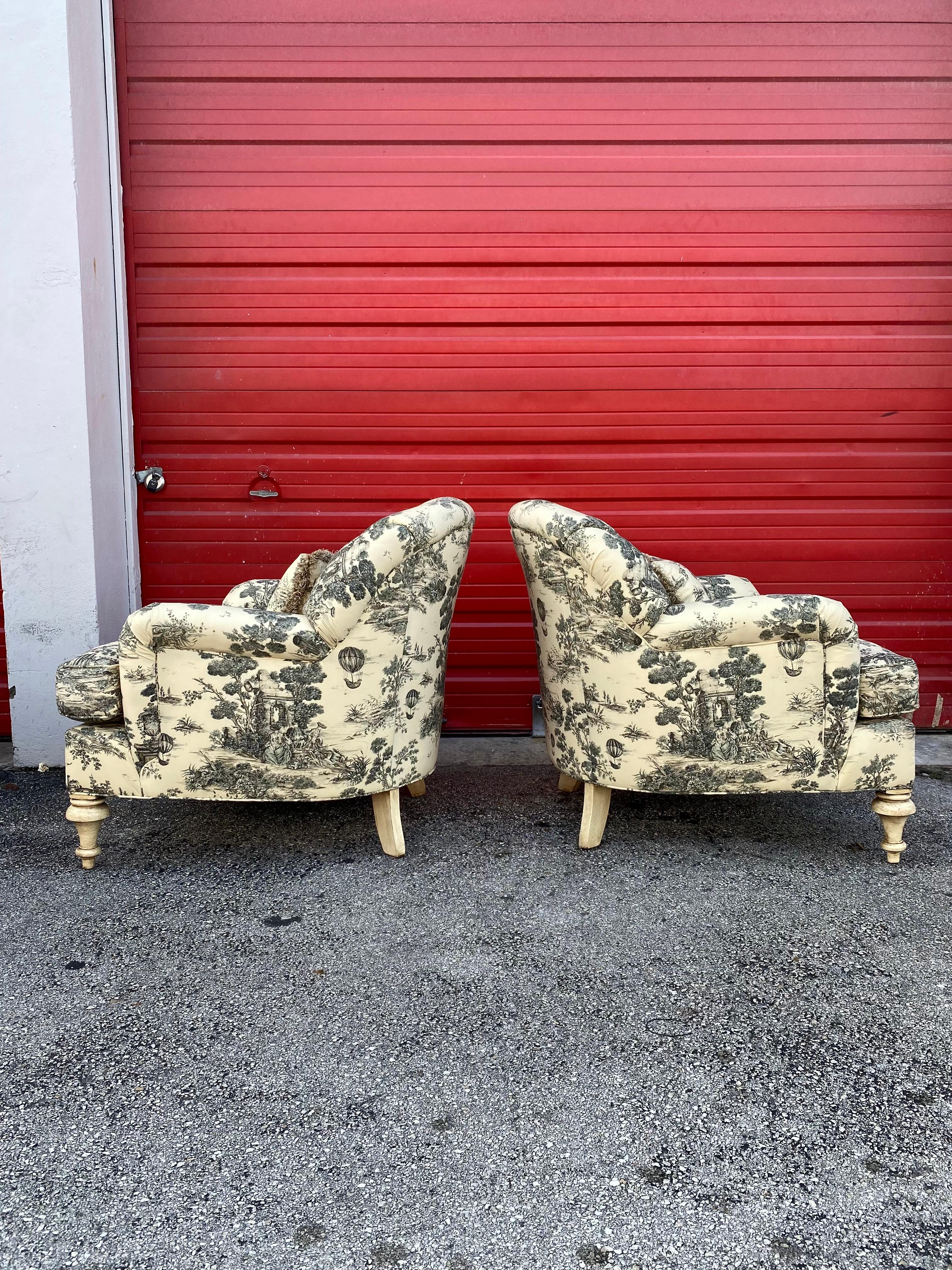 Contemporary C.R. Laine Chinoiserie Tufted English Arm Chairs, Set of 2 For Sale