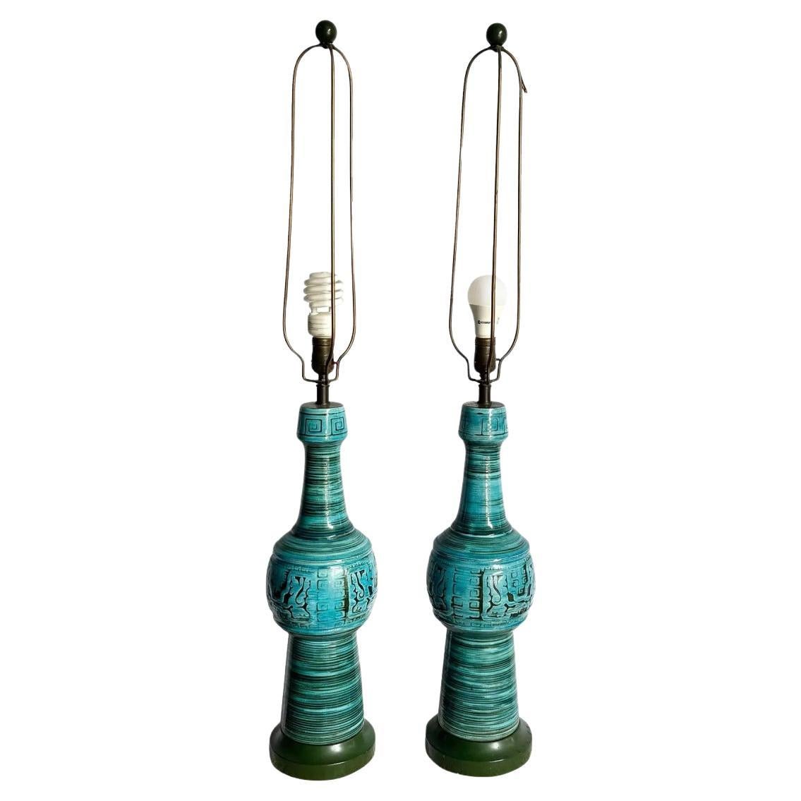 Chinoiserie - Paire de lampes de table en céramique émaillée bleu turquoise en vente