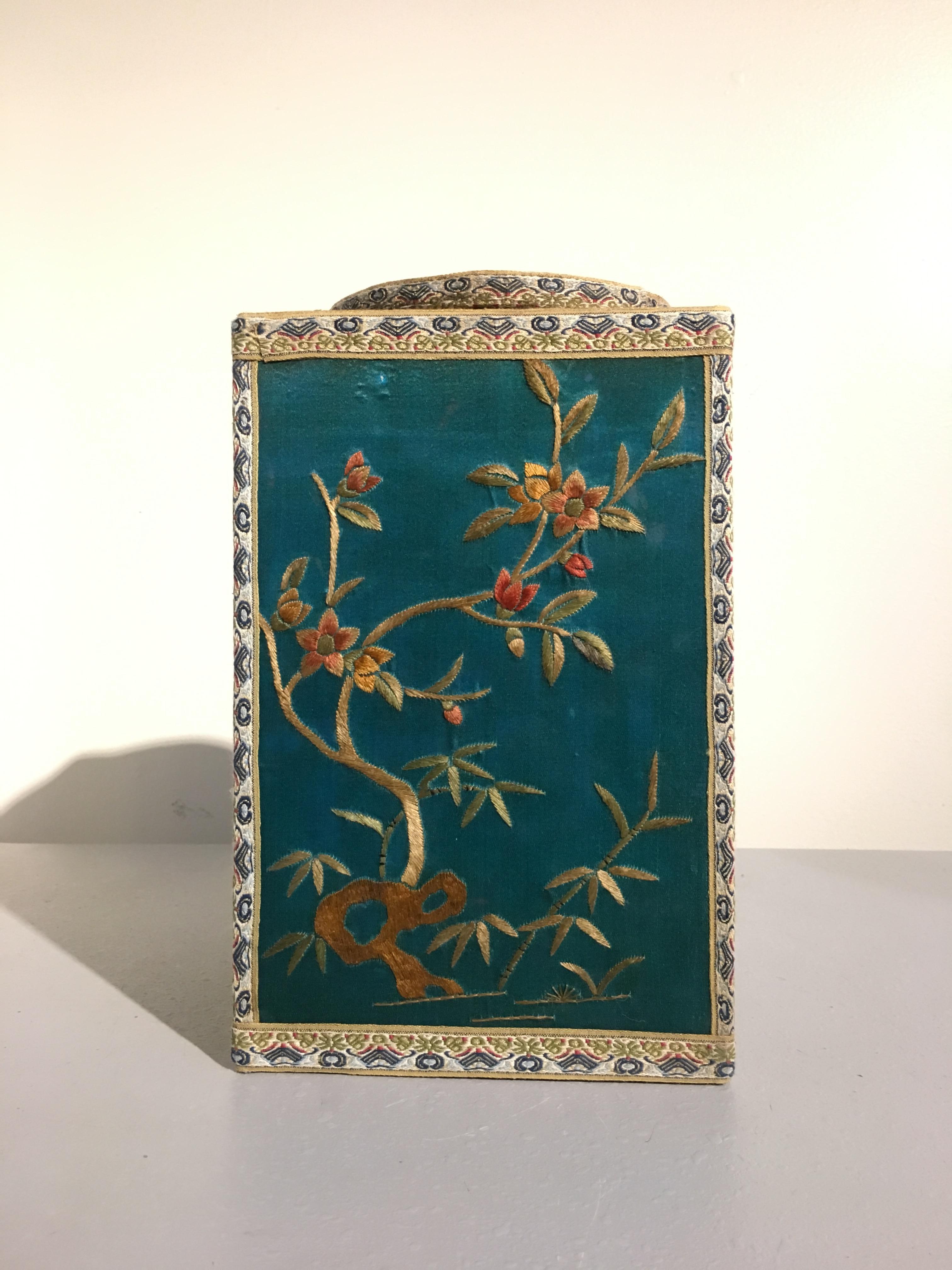 Chinese Chinoiserie Turquoise Silk Embroidered Tea Caddy, 1920s, China