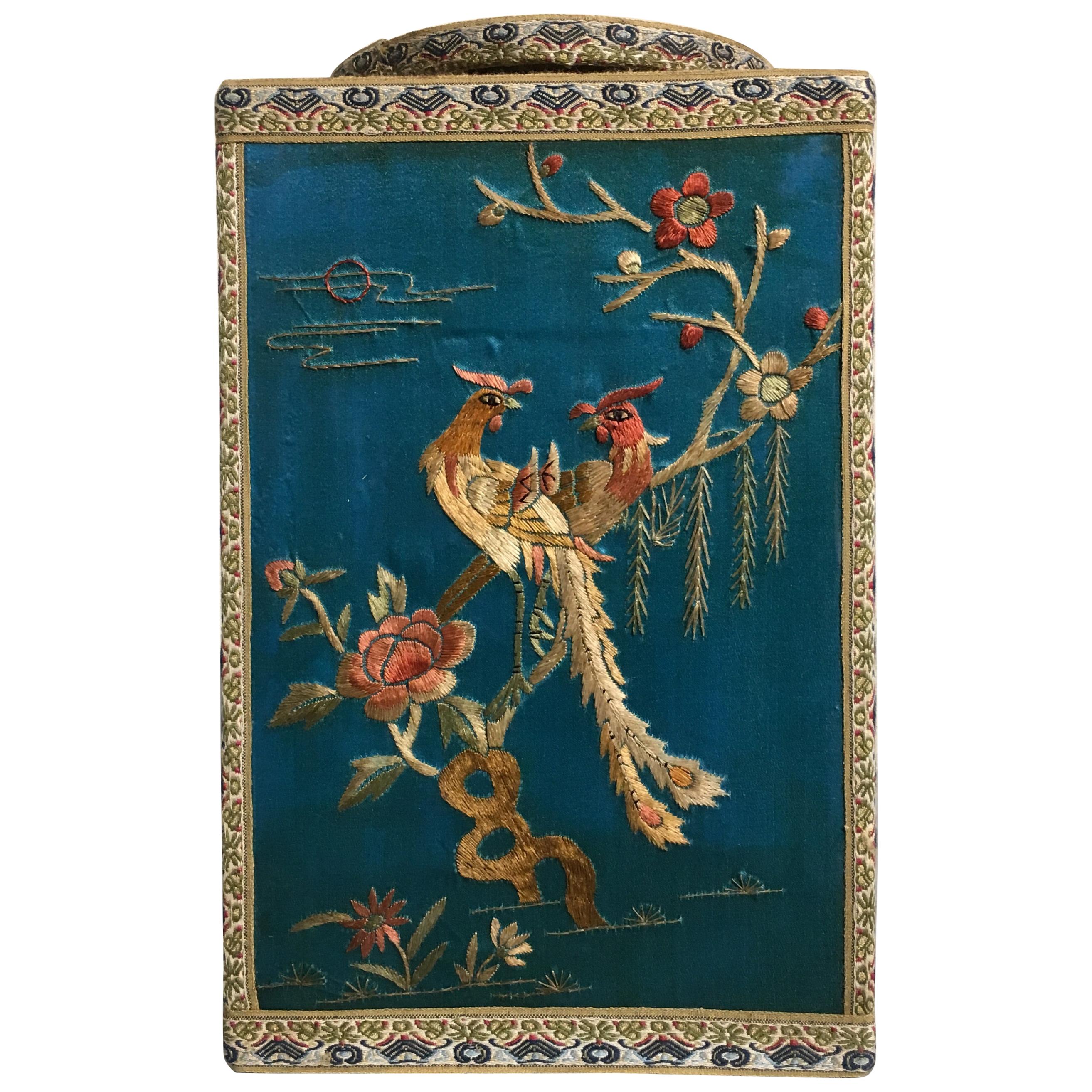 Chinoiserie Turquoise Silk Embroidered Tea Caddy, 1920s, China