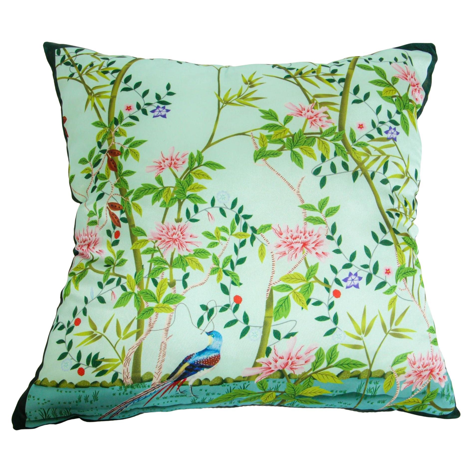 Coussin décoratif chinoiseries turquoise avec fleurs et oiseaux oriental asiatiques