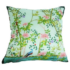 Chinoiserie Turquoise Silk Throw Pillow with Floral and Birds Oriental Asian Des