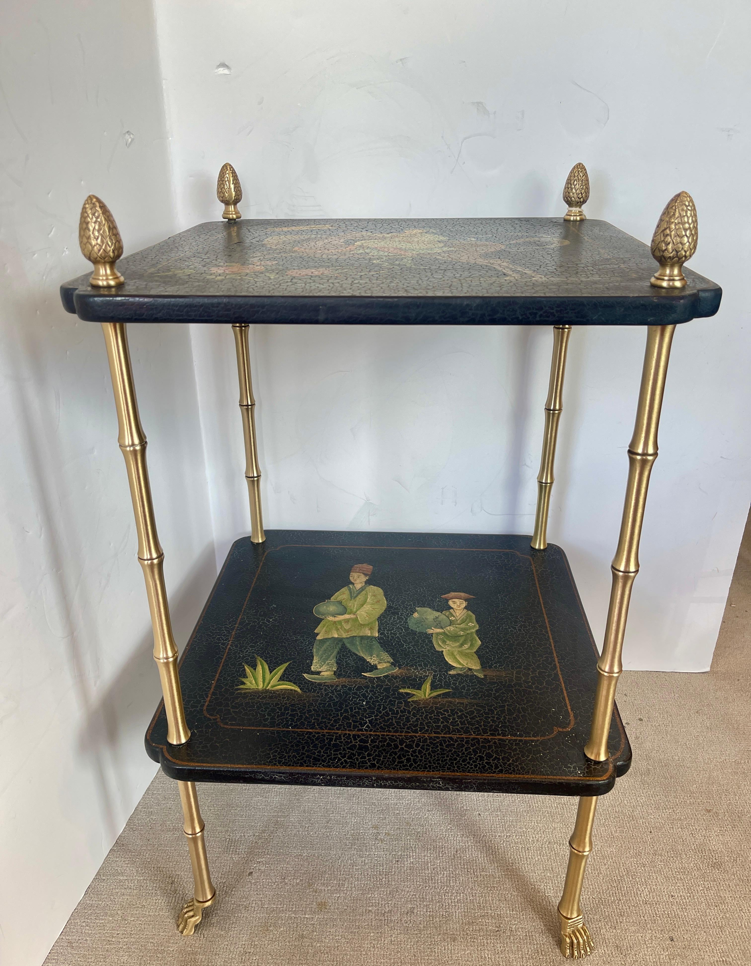 Appena arrivato!
Questo meraviglioso tavolino a due piani Chinoiserie  Con piedini in ottone,  in stile Maison Bagues
I due ripiani hanno un decoro diverso, uno con una figura a cavallo, il livello inferiore ha due figure in 
Costumi asiatici.
La