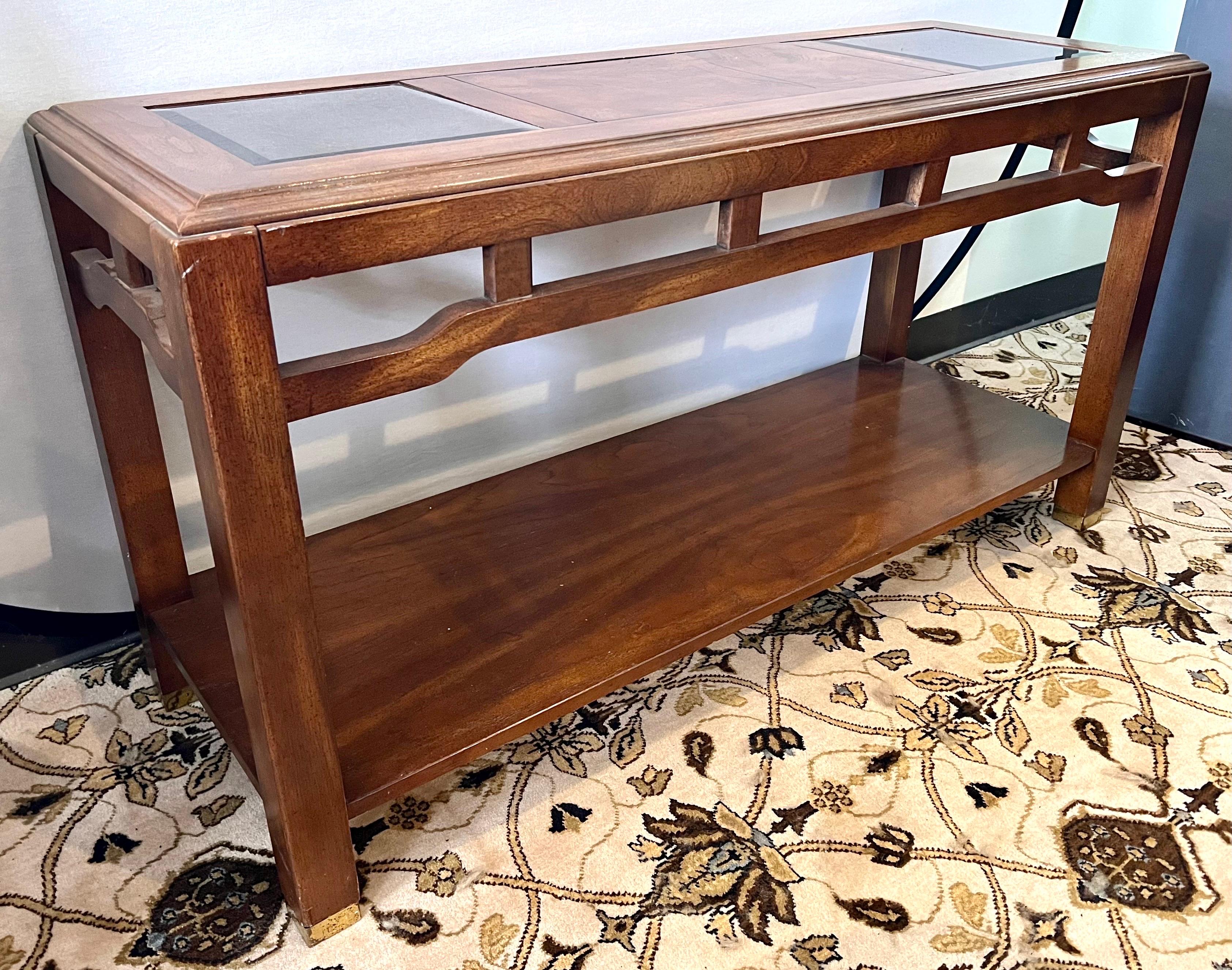 Chinoiserie Two-Tiered Console Sofa Table with Glass In Good Condition In West Hartford, CT