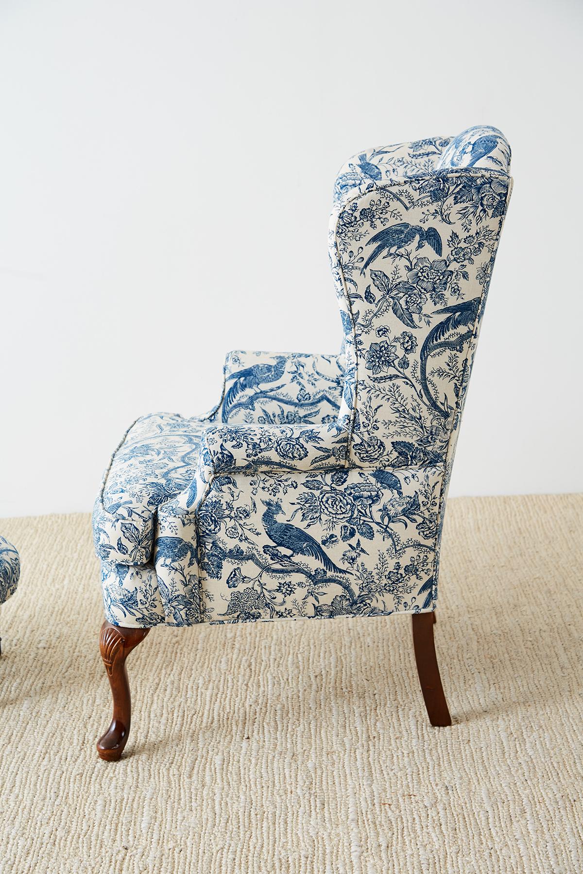 Fabric Chinoiserie Upholstered Queen Anne Wingback with Ottoman