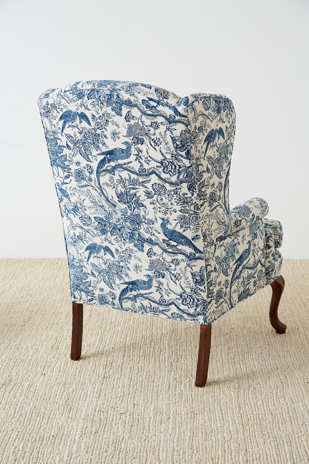 Chinoiserie Upholstered Queen Anne Wingback with Ottoman 10