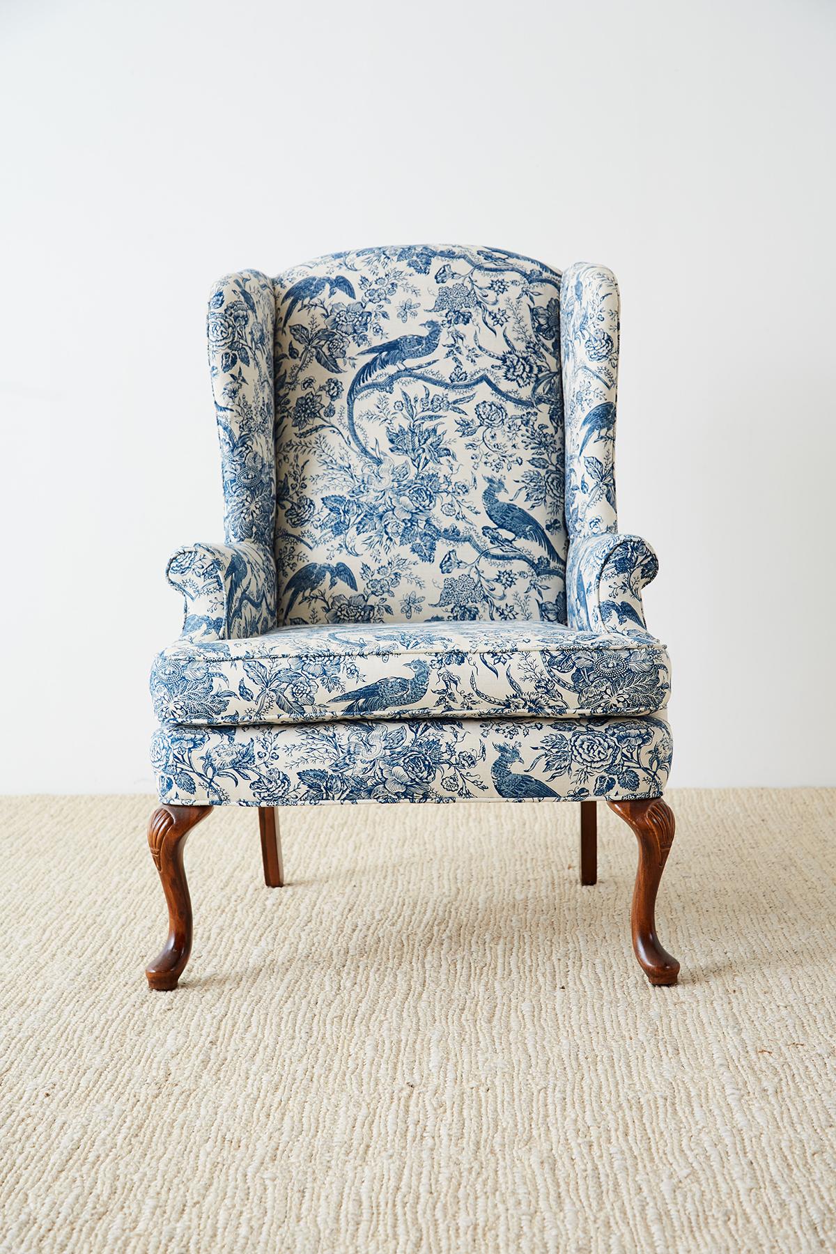 American Chinoiserie Upholstered Queen Anne Wingback with Ottoman