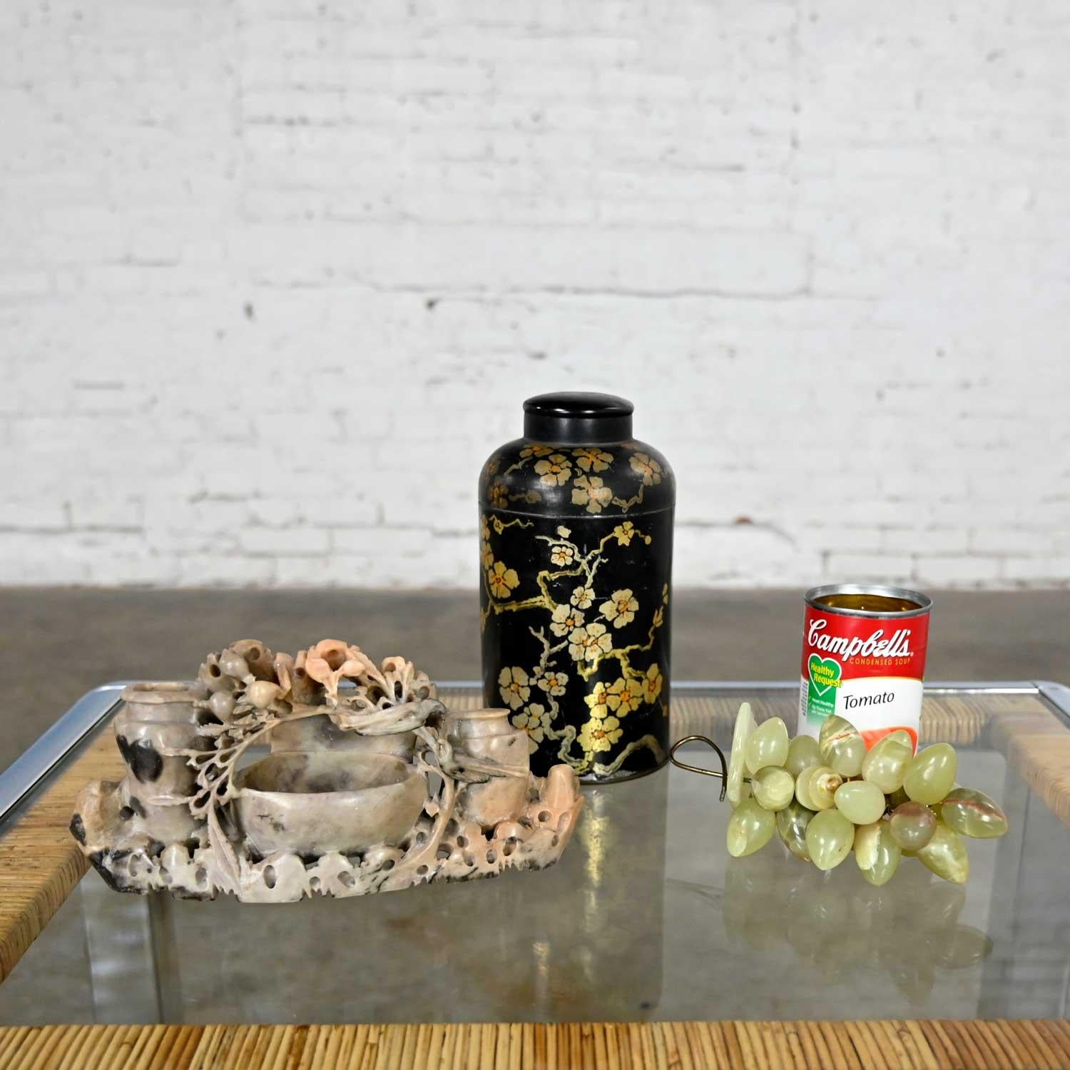 Chinoiserie Vignette of Soap Stone Carving Tin Tea Canister & Jade Grapes For Sale 11