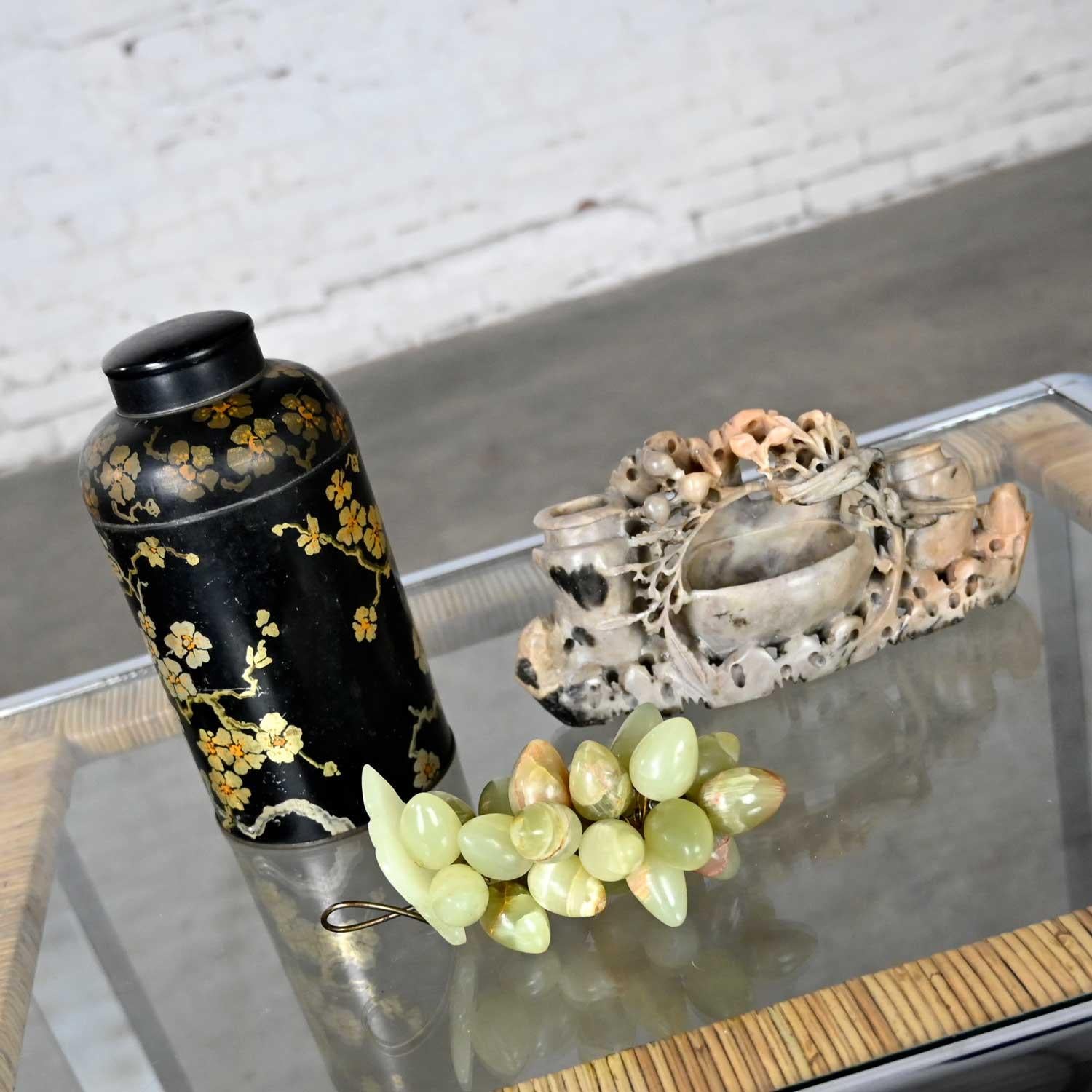 Chinoiserie Vignette of Soap Stone Carving Tin Tea Canister & Jade Grapes For Sale 1