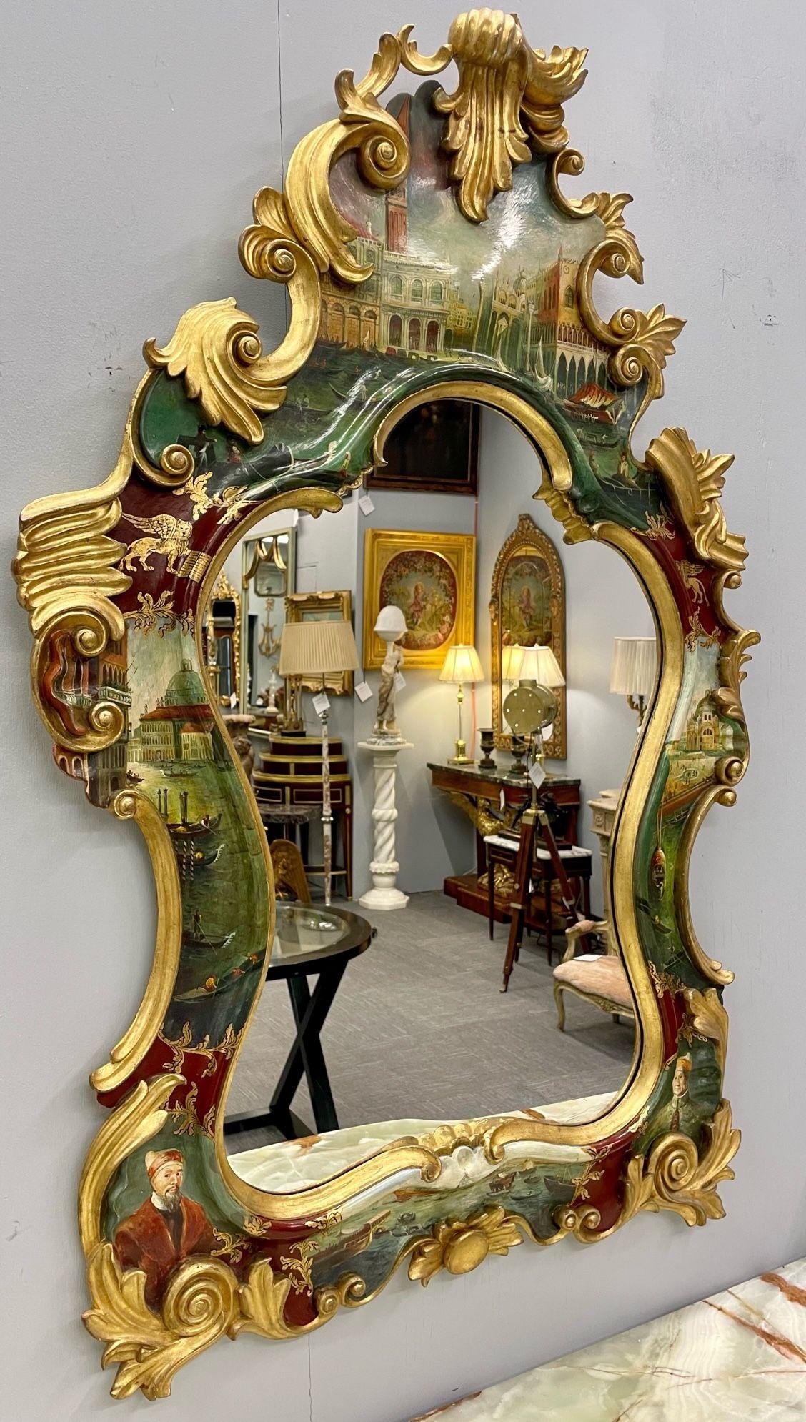 Chinoiserie Wall, Console or over the Mantle Mirror, Italian, Hand Painted In Good Condition In Manhasset, NY