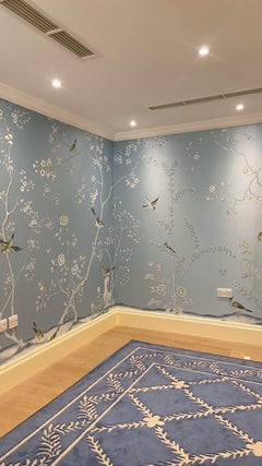 Chinoiserie Wallpaper Hand Painted Wallpaper on Blue Silk, Accept Custom Size