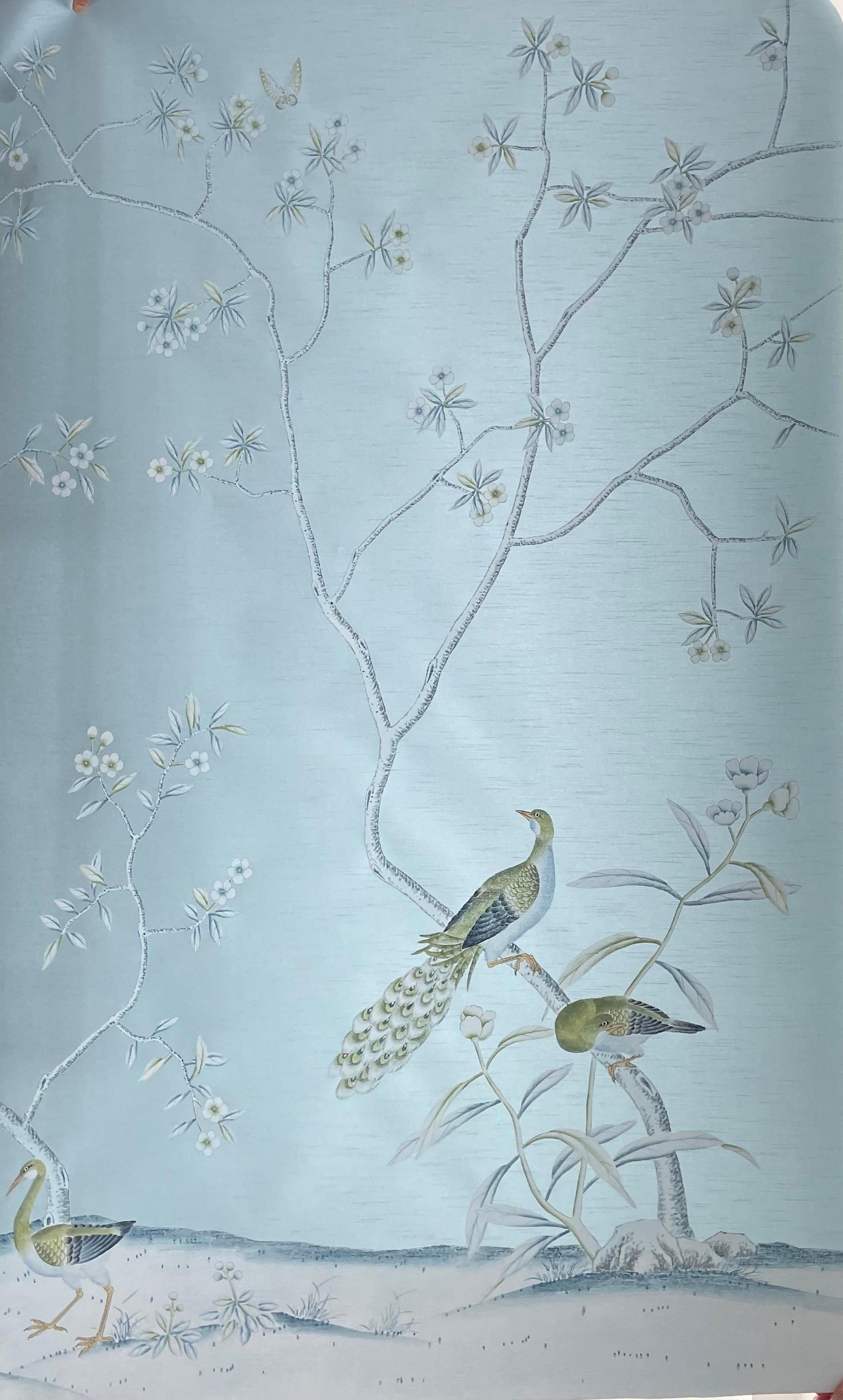 Chinese Chinoiserie Wallpaper Hand Painted Wallpaper on Blue Silk, Accept Custom Size For Sale