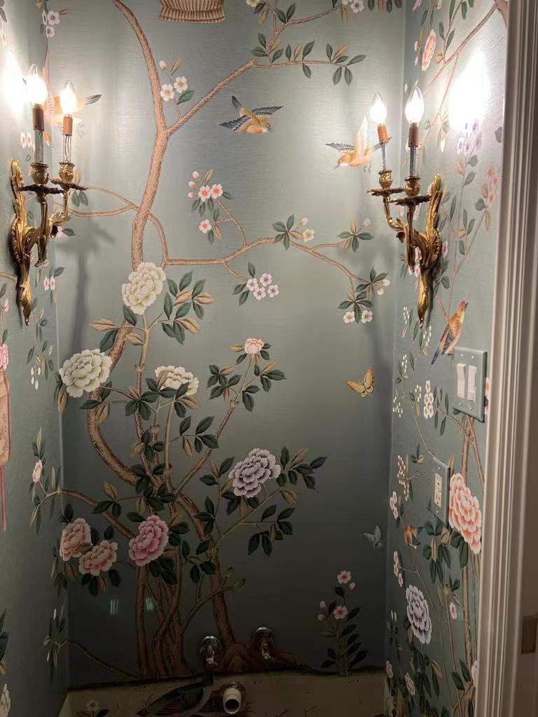 Chinese Chinoiserie Wallpaper Hand Painted Wallpaper on Green Silk-Accept Custom Size For Sale