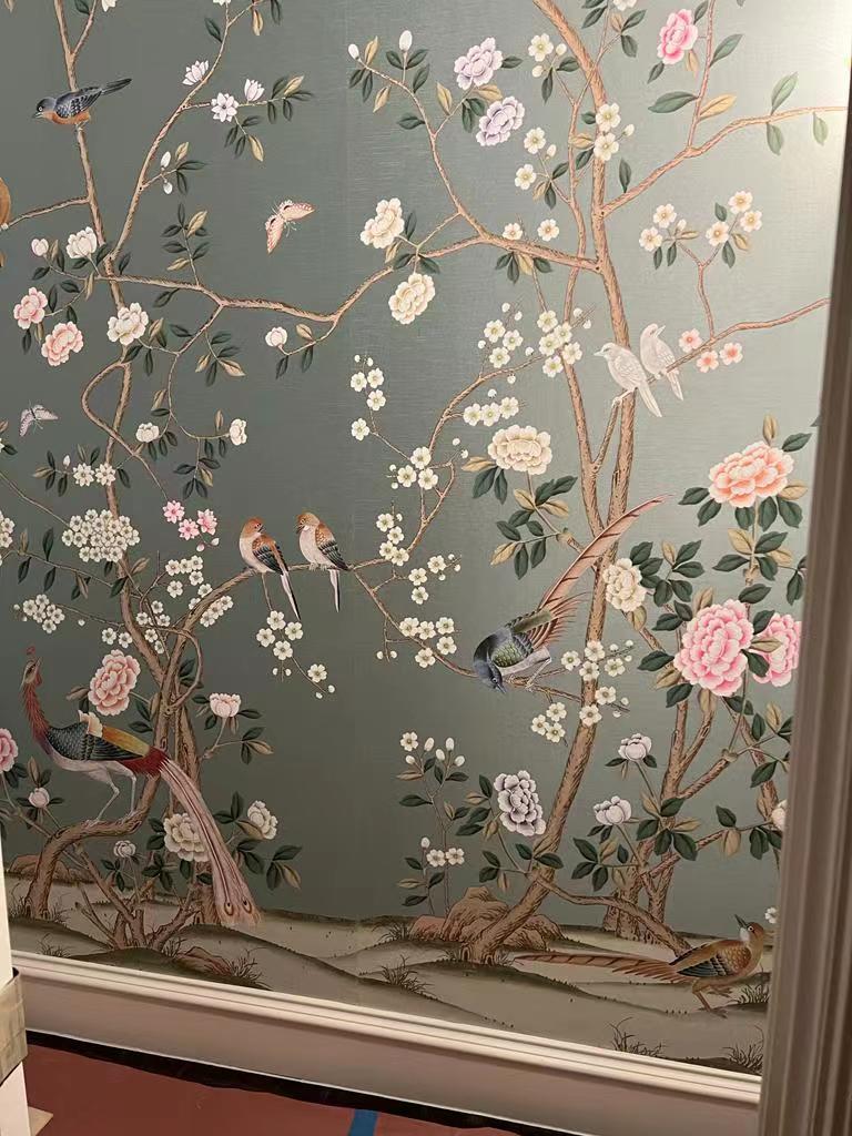 Hand-Painted Chinoiserie Wallpaper Hand Painted Wallpaper on Green Silk-Accept Custom Size For Sale